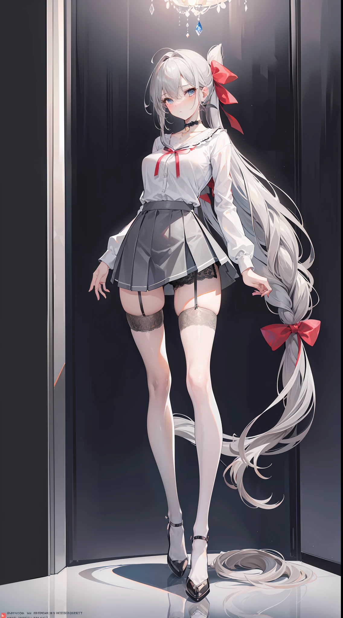 (((best quality))), ((ultra - detailed)), (in the office), (highly detailed CGillustration), ((Very fine and beautiful)),Mature and beautiful,flustered, full blush, view the viewer,Ultra-detailed CG,Exquisite facial features,Clear facial expressions,Detailed digital anime art,Digital anime art,High quality anime art style, (Masterpiece), Best quality, Perfect face, ((1girl)), Mature woman, Leaning forward, ((Very long gray hair:1.5)), High ponytail, extremely giant breasts, Hanging breasts, cleavage, Narrow waist, ((ribbon:1.2)), Wearing glasses, ((ultra short skirt:1.5)), choker necklace, Very small shirt, Transparent shirt, ((powder blue skirt:1.2)), ((The skirt was blown away)), ((Mini tight skirt: 1.5)), ((full body:1.5)), High heels, Garters, ((Lace stockings:1.2)), ((Long and slender legs)), Beautiful legs,Erotic,Seductive pose, ((show underwear, Show panties:1.2)),accidental exposure, Expose breasts,((standing:1.2)), (Open legs:1.2), ((Front Shooting)), Slender figure,(nurses uniform:1.5), waist-up