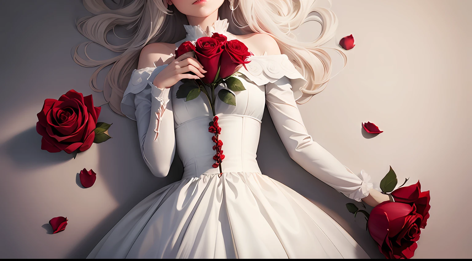 white backgrounid,There are two red roses in the upper right corner of the picture,Cross placement,There are some scattered rose petals underneath the rose --auto