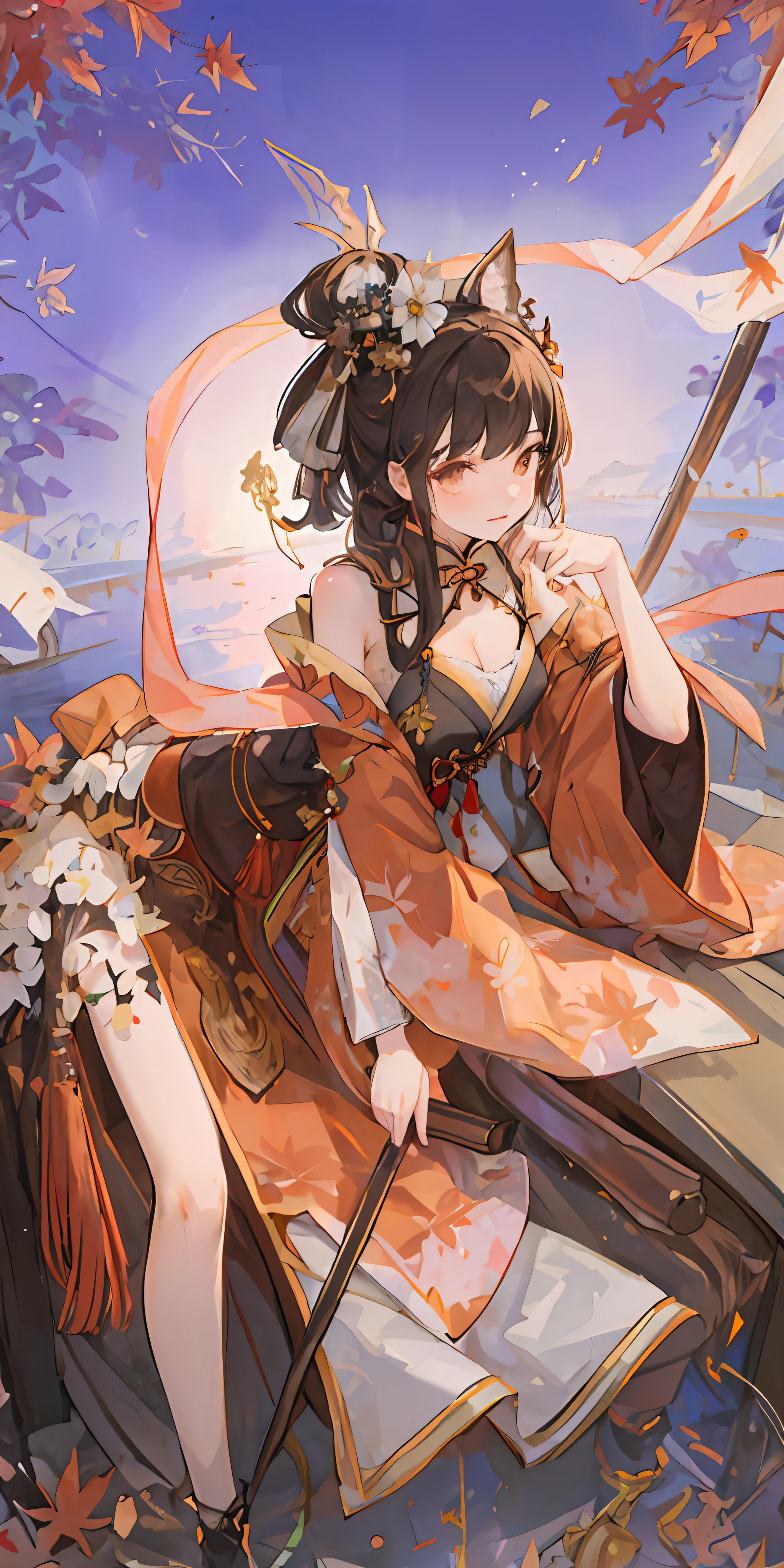 （（4K，tmasterpiece，best qualtiy）），Exquisite facial features，Nice face，cleavage，Leaking out of the chest，Raised sexy，seductiv，Maple leaves fall，starlight embellishment，Golden hairpin，Gold jewelry，one-girl， Ancient Chinese clothing， A whole body， rays of sunshine， Clear face， Clean white background， tmasterpiece， super detailing， Epic composition， hyper HD， high qulity， extremely detaile， offcial art， Uniform 8K wallpaper， super detailing， water ink， Chinese traditional painting， Hanfu， Black hair，Exposed flesh，Bare legged， 独奏， Ancient Chinese clothing，National style background，brunette color hair， ssmile，