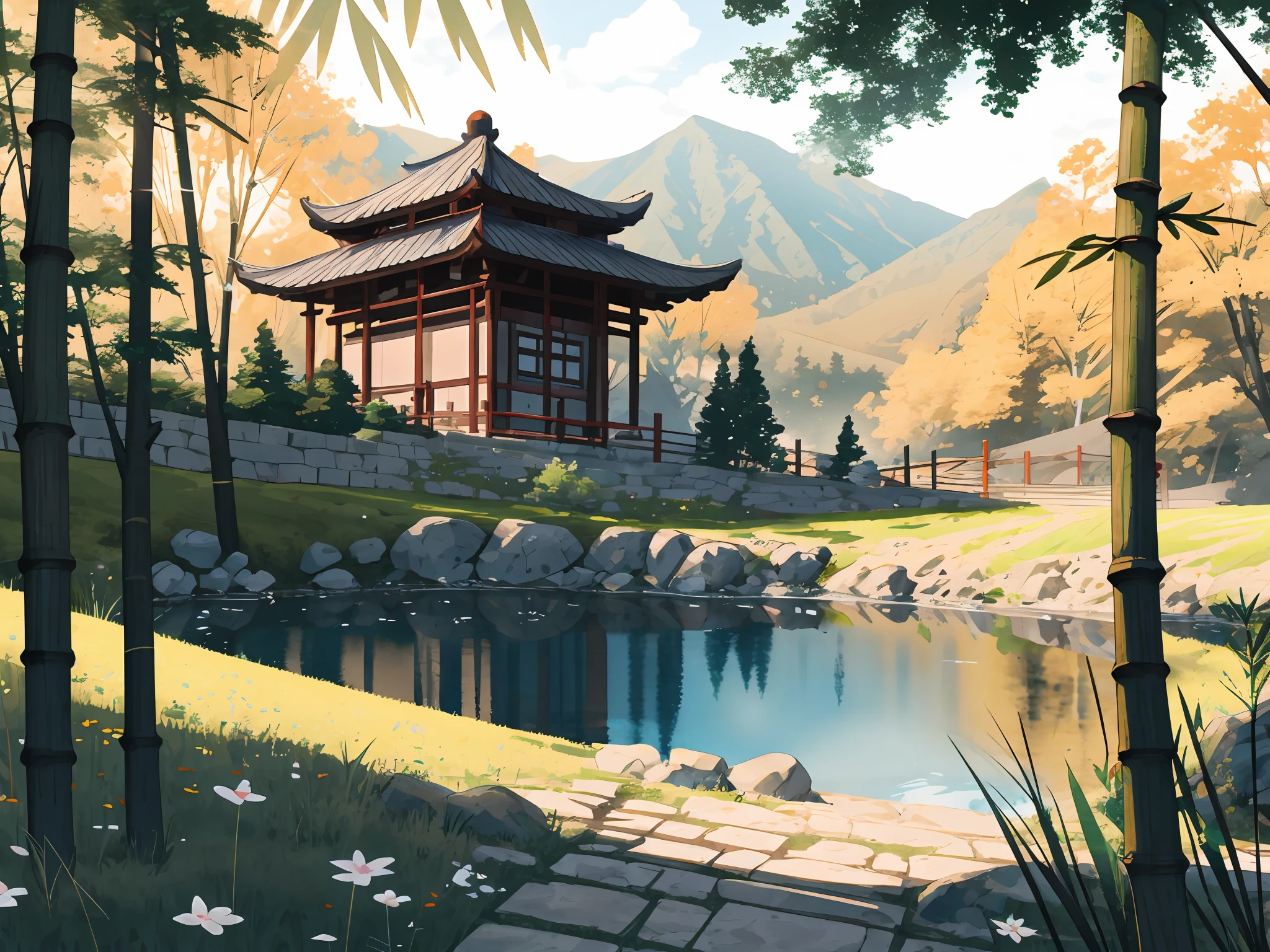 Ancient Chinese architecture, spring, dark night, garden, bamboo, lake, stone bridge, peach blossom, trees, flowing water, landscape, outdoor, grass, rock, (Illustration: 1.0 ), epic composition, realistic lighting, HD details, masterpiece, best quality, (very detailed CG unity 8k wallpapers), clay texture, clean background, natural light, best quality, ultra detail, 3d art, c4d, blender, oc renderer, 3d render, 8k
