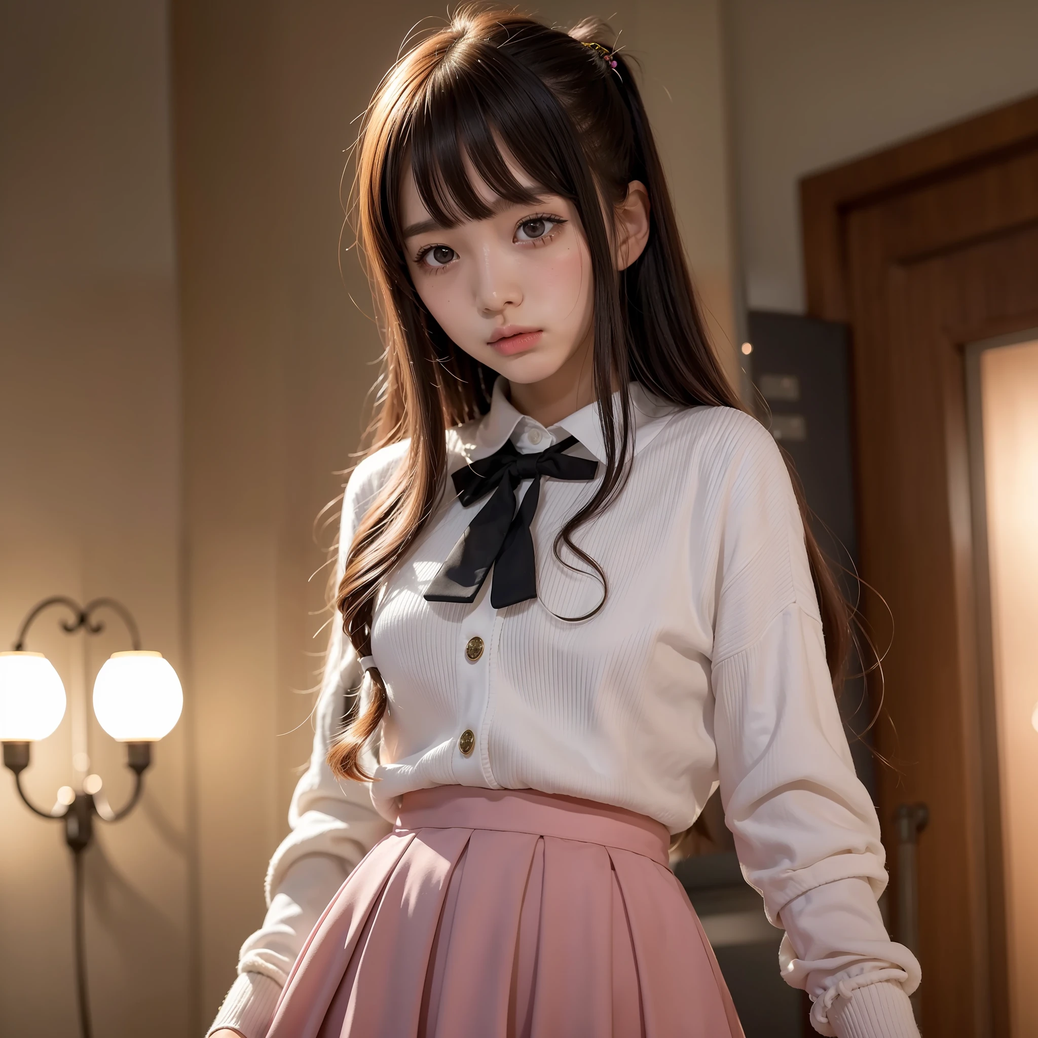 dual horsetail，teens girl，jk，seductiv，Juvenile，pupils，petite，with fair skin，Heavy makeup，the shy，Sick，long eyelasher，Qi bangs，pleatedskirt，Pink，warm lights，The upper part of the body