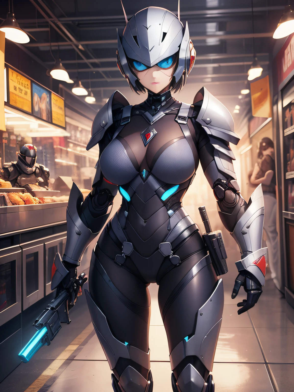 Chest armor female Robocop covering chest、Armor that completely covers the whole body、very large breast-shaped chest armor,、Helmet to hide your eyes、Rainbow armor、Armor that completely covers the chest、Slender and long legs、Vibrant poses、full-body view