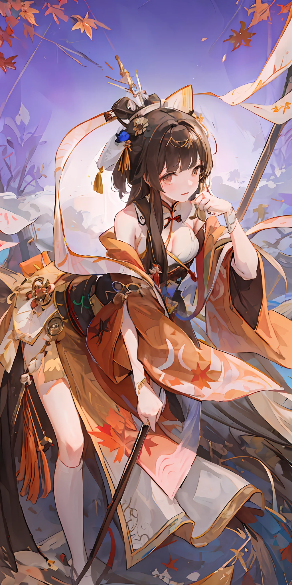 ((4K,tmasterpiece,best qualtiy)),Exquisite facial features,Nice face,cleavage,Leaking out of the chest,Raised sexy,seductiv,Maple leaves fall,starlight embellishment,Golden hairpin,Gold jewelry,one-girl, Ancient Chinese clothing, A whole body, rays of sunshine, Clear face, Clean white background, tmasterpiece, super detailing, Epic composition, hyper HD, high qulity, extremely detaile, offcial art, Uniform 8K wallpaper, super detailing, water ink, Chinese traditional painting, Hanfu, Black hair,Exposed flesh,Bare legged, 独奏, Ancient Chinese clothing,National style background,brunette color hair, ssmile,