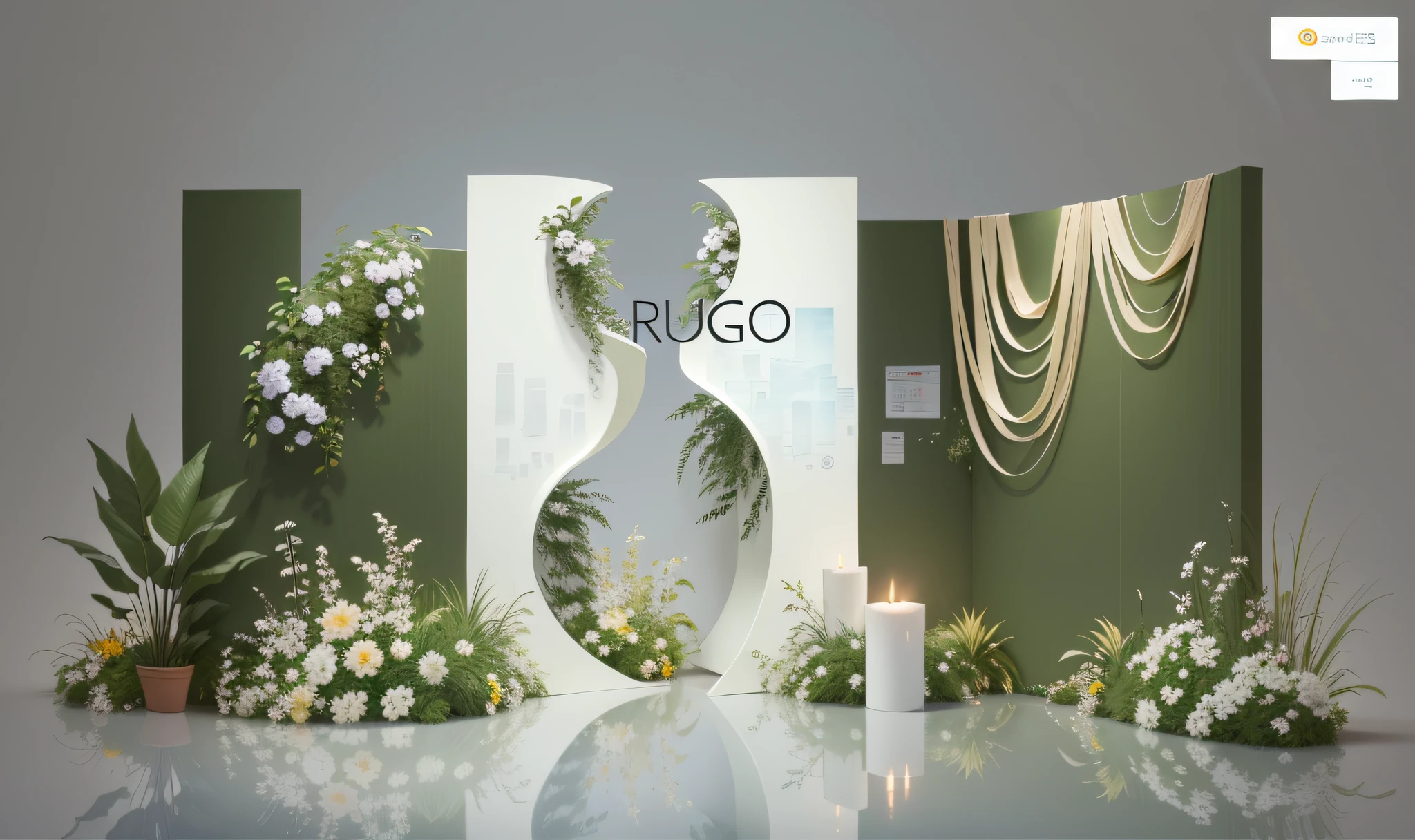 There are a lot of close-ups of the display with flowers and candles, product introduction photos, Product display, Detailed scenery —width 672, product introduction photos, studio backdrop, photo studio background, studio context, Middle metaverse, Stage background, Product photo, commercial banner, Wedding, product image, exhibition display, show room scene