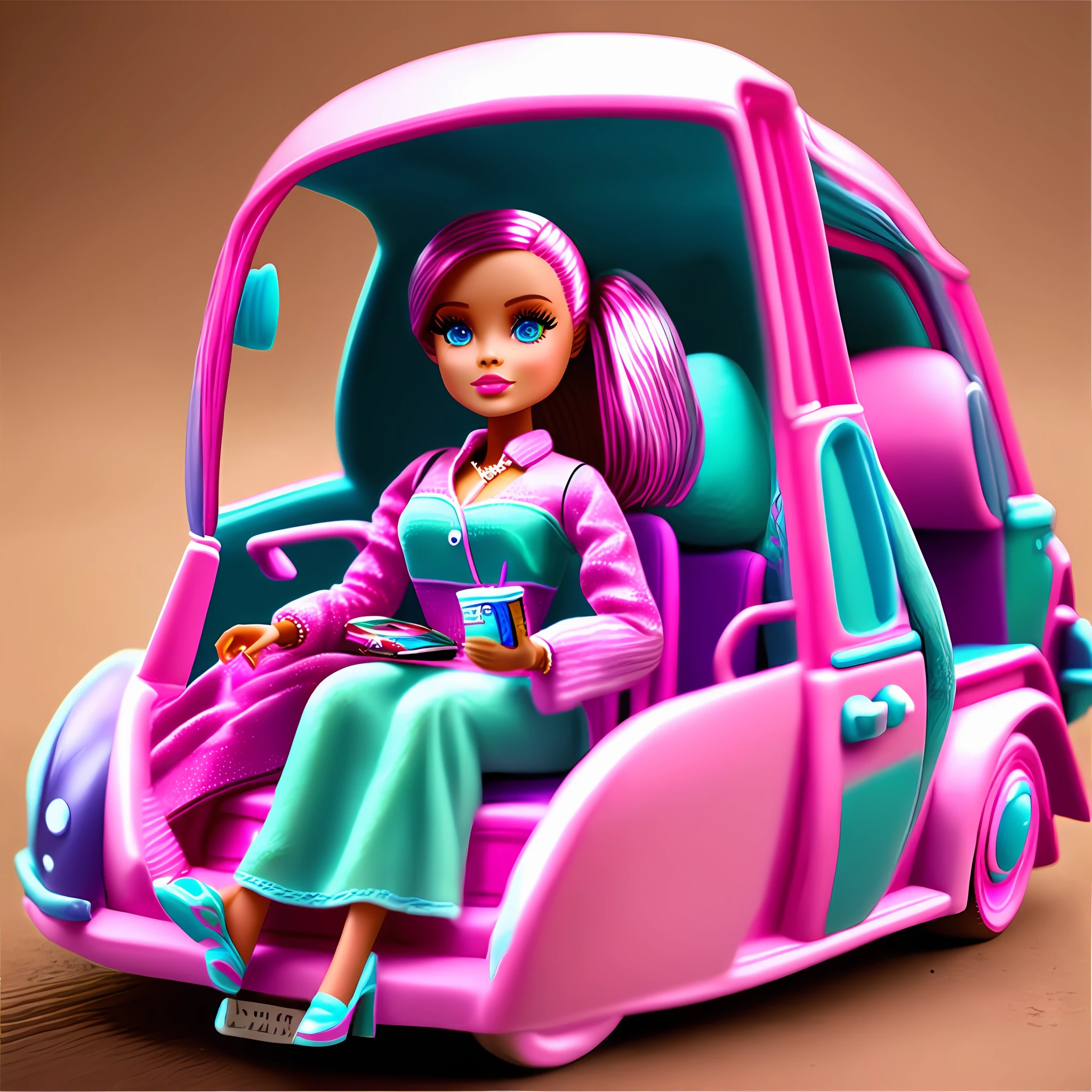 Barbie sentada en su coche descapotable de color rosa --auto