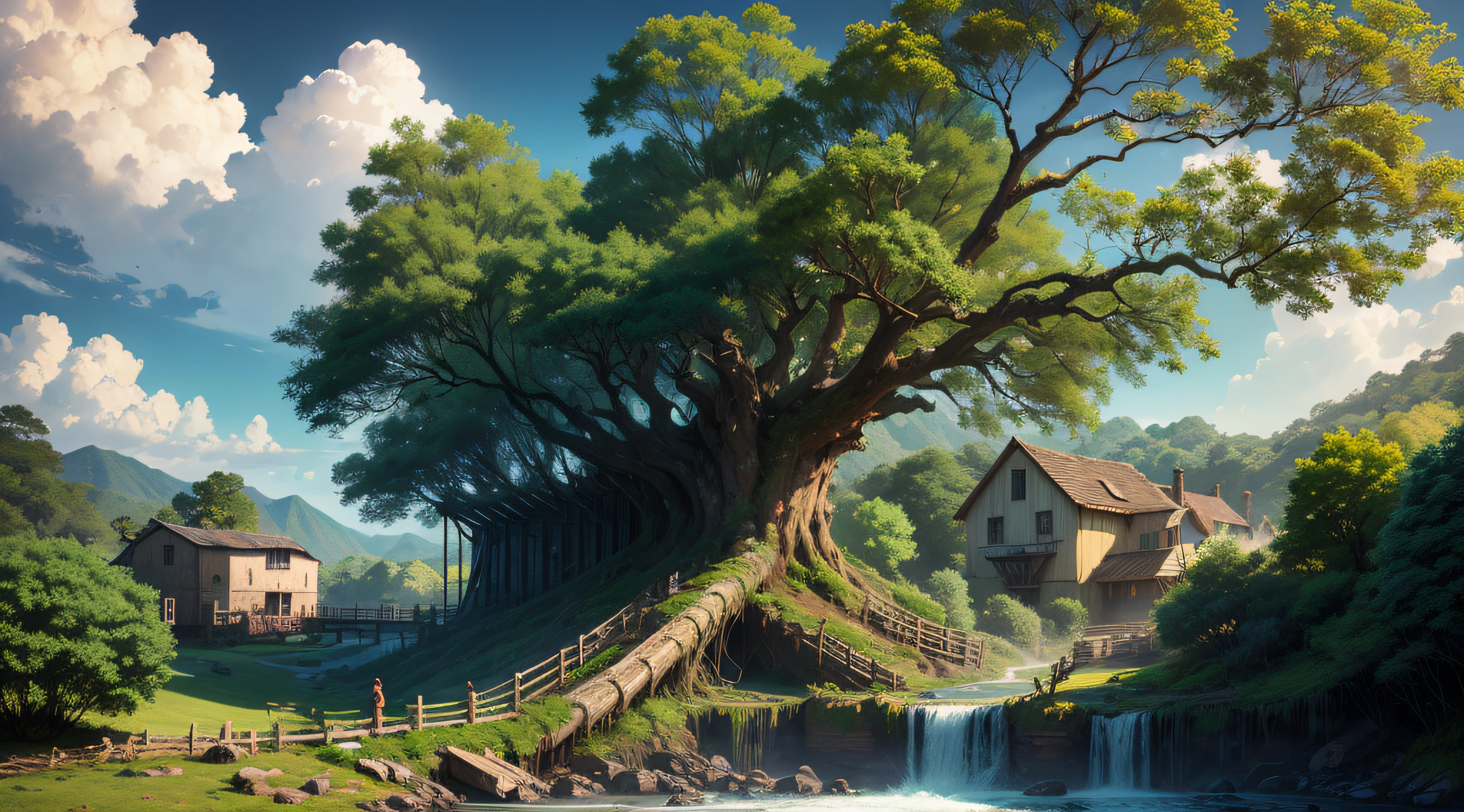 Gigantic colorful trees with many vines, palmeiras, coqueiro, fallen logs, a watermill with a waterwheel, moinho de vento, numa cachoeira exuberante, rio com grandes rochas hiper realista, sky with clouds, sol, lua, global ilumination, profundidade de campo,