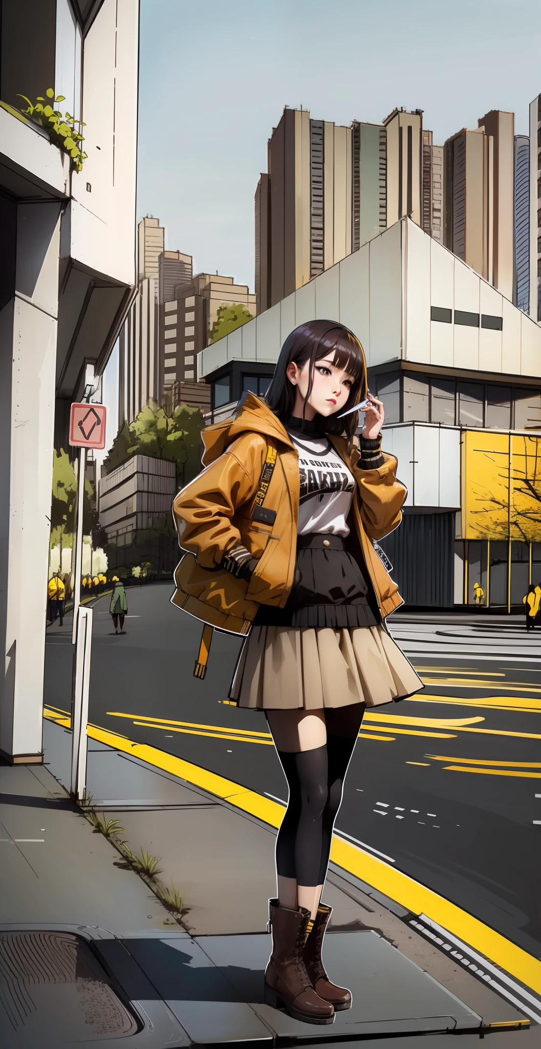 There was a woman standing on a street corner on the phone, wearing jacket and skirt, ulzzangs, lofi-girl, lofi girl aesthetic, short skirt and a long jacket, Cute casual streetwear, dressed with long fluent clothes, 8K)), 4 0 9 6, She is seen wearing streetwear pieces, japanese city street fashion, Brown jacket，Stand on a path pile，Brown boots，adolable，adolable