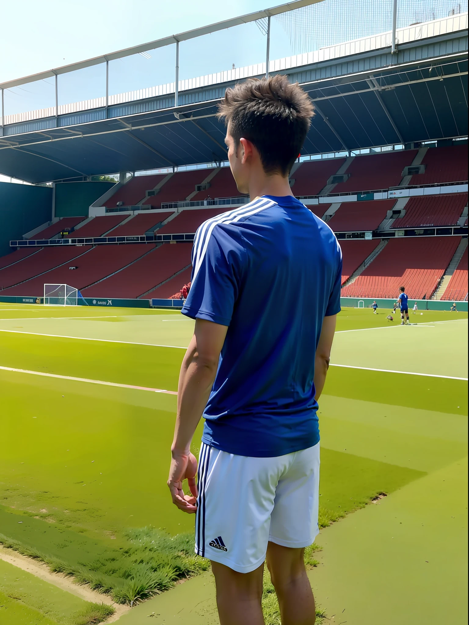 A soccer player stands on the soccer field, Turn his back to the camera,Wearing number 10 blue shirt,In the distance are spectators in the stands