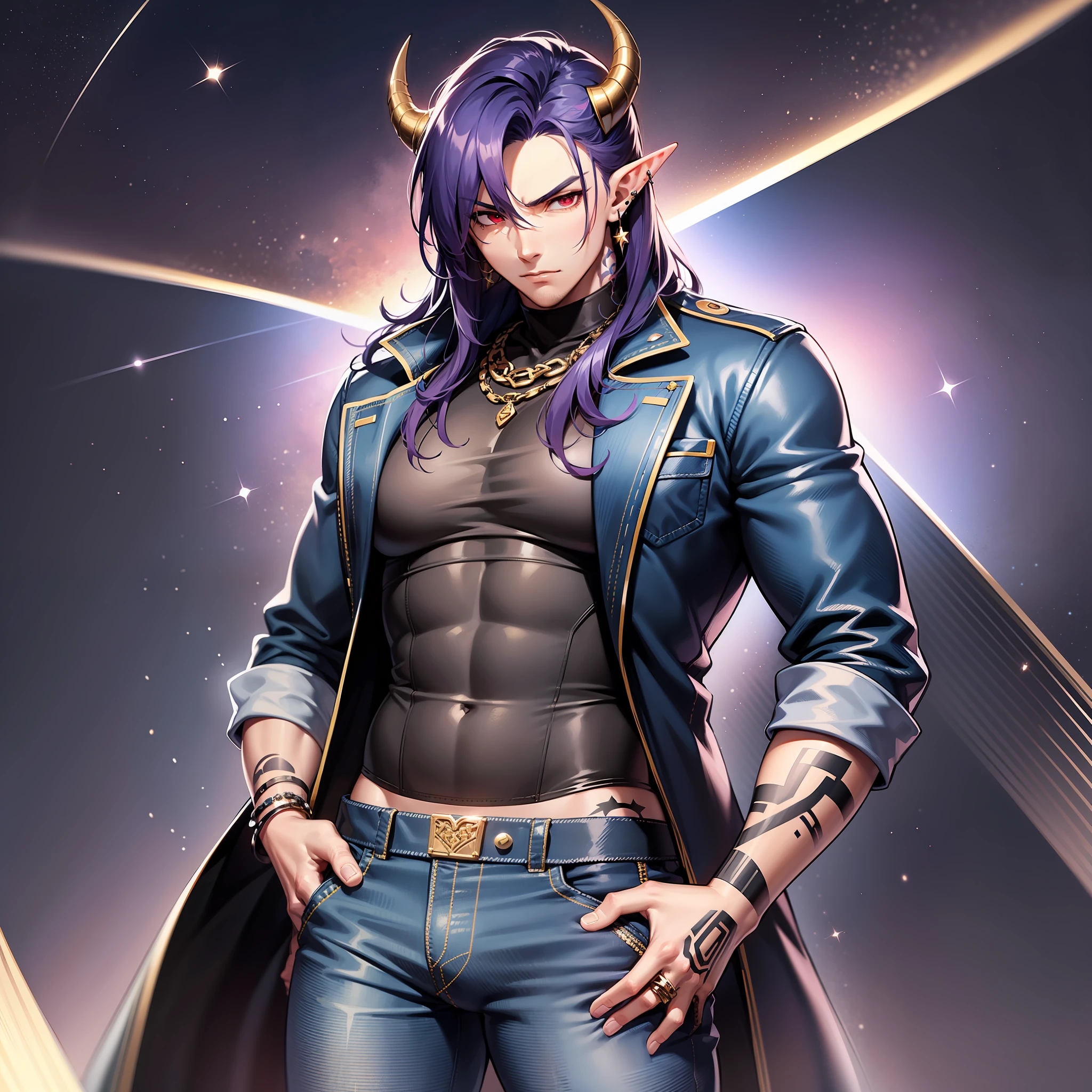 Handsome male, purple hair, long hair, detailed body, detailed hands, horns, expressionless, arrogant expression, red eyes, roman nose, almond eyes, baggy T-shirt, black shirt, blue denim jeans, cocky, nightfall, starry sky, handsome, bushy brows, pointy ears, ear piercings, rings, good looking, black coat, tattoos, dark skin, brown skin, charming, good quality, long hair, huge bulge in pants, veiny arms and hands, black denim jeans, manly