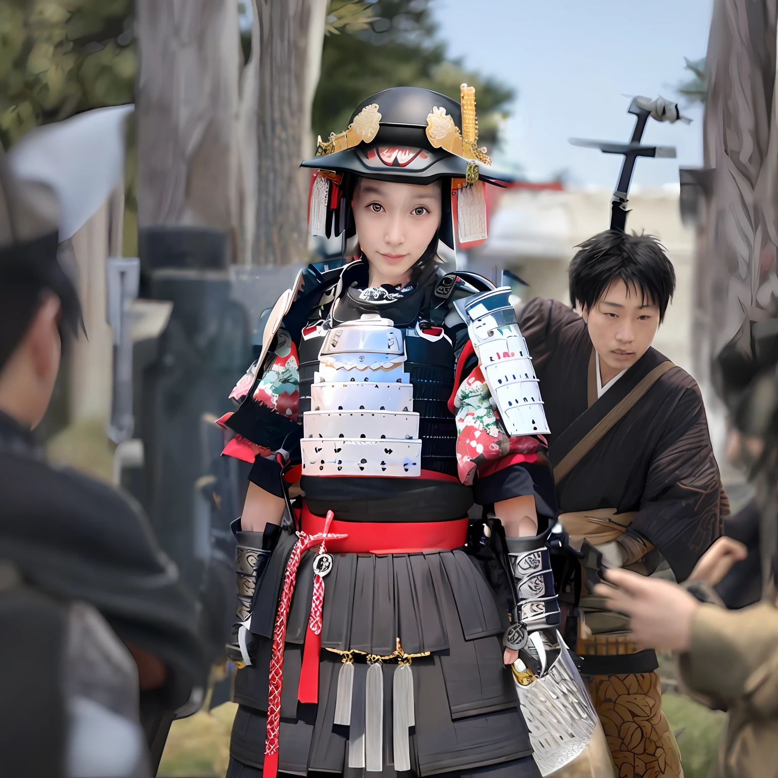 Hands holding katana Japanese samurai armor pants, chain armor, armor sheets, samurai boots