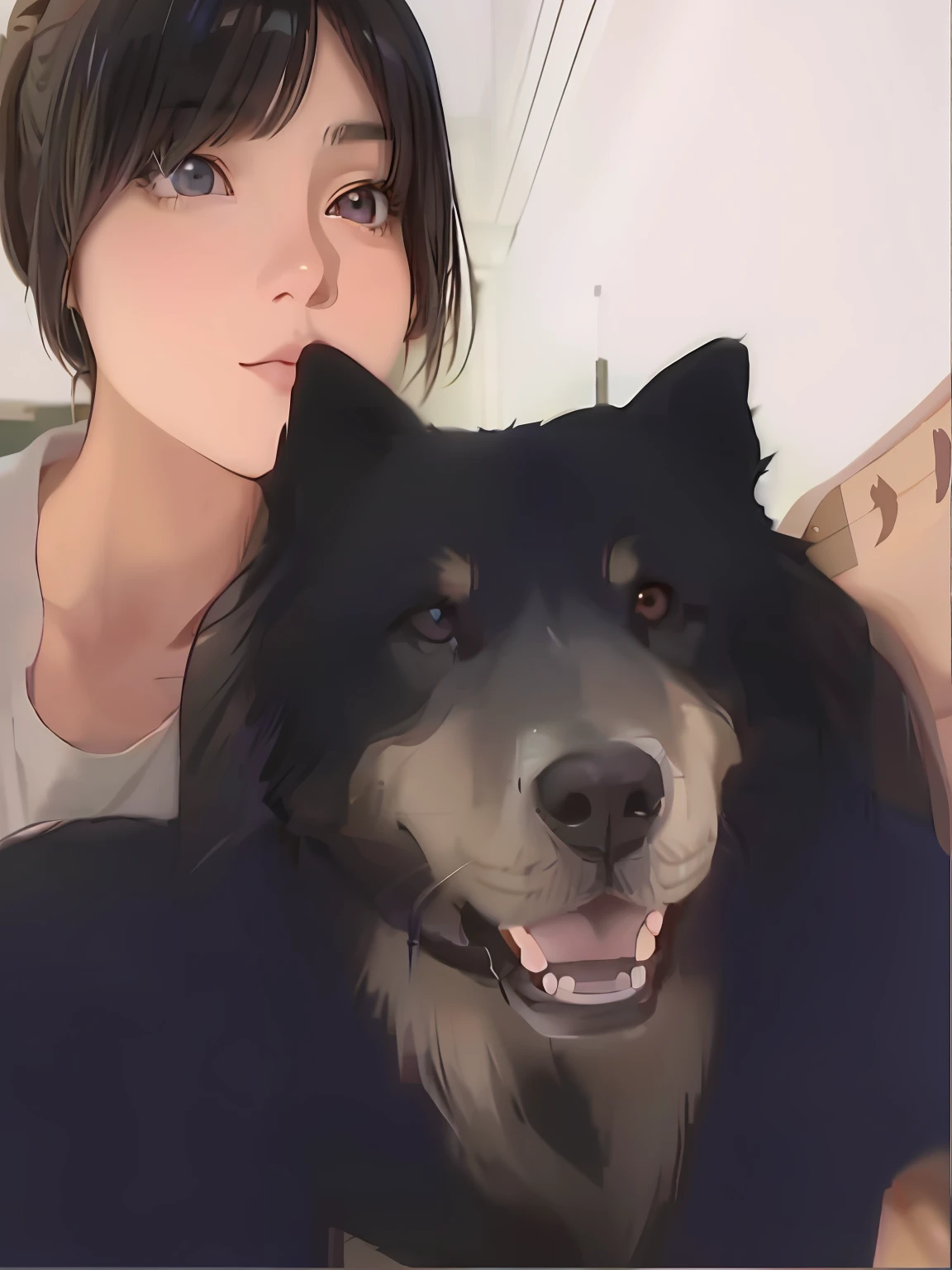 anime girl holding a dog in her arms, anime realism style, Realistic anime 3 D style, semirealistic anime style, realistic anime artstyle, Realistic picture, made with anime painter studio, Realistic anime art style, realistic art style, drawn in anime painter studio, Kawaii realistic portrait, selfie of a dog, Guviz-style artwork, realism art style