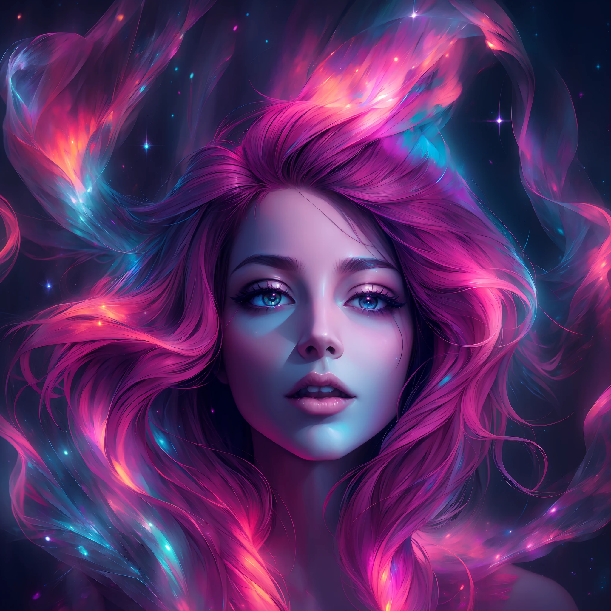 A beautiful gorgeous woman with neon glowing hair in galaxies forms standing