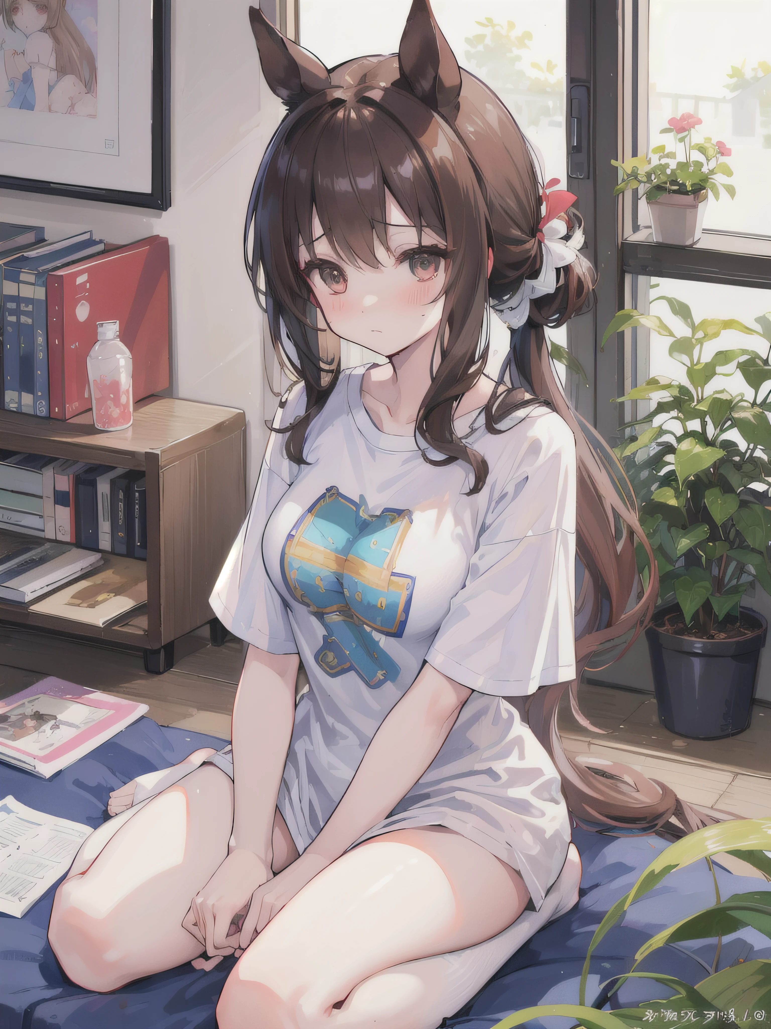 ​masterpiece、top-quality、ultra-detailliert、illustratio、*** 1 人、tshirts、Textured、detaileds、a beauty、Beautiful breasts、Brown hair、(Horse ears on the head)、Low ponytail、red blush、feel shy、Uma Musume（Admire Vega）、white t-shirts、Landless、Sheer bra、Big T-shirt、flipping up shirts、Lower breast、Seiza、sitting on、Not wearing panties、North Cart