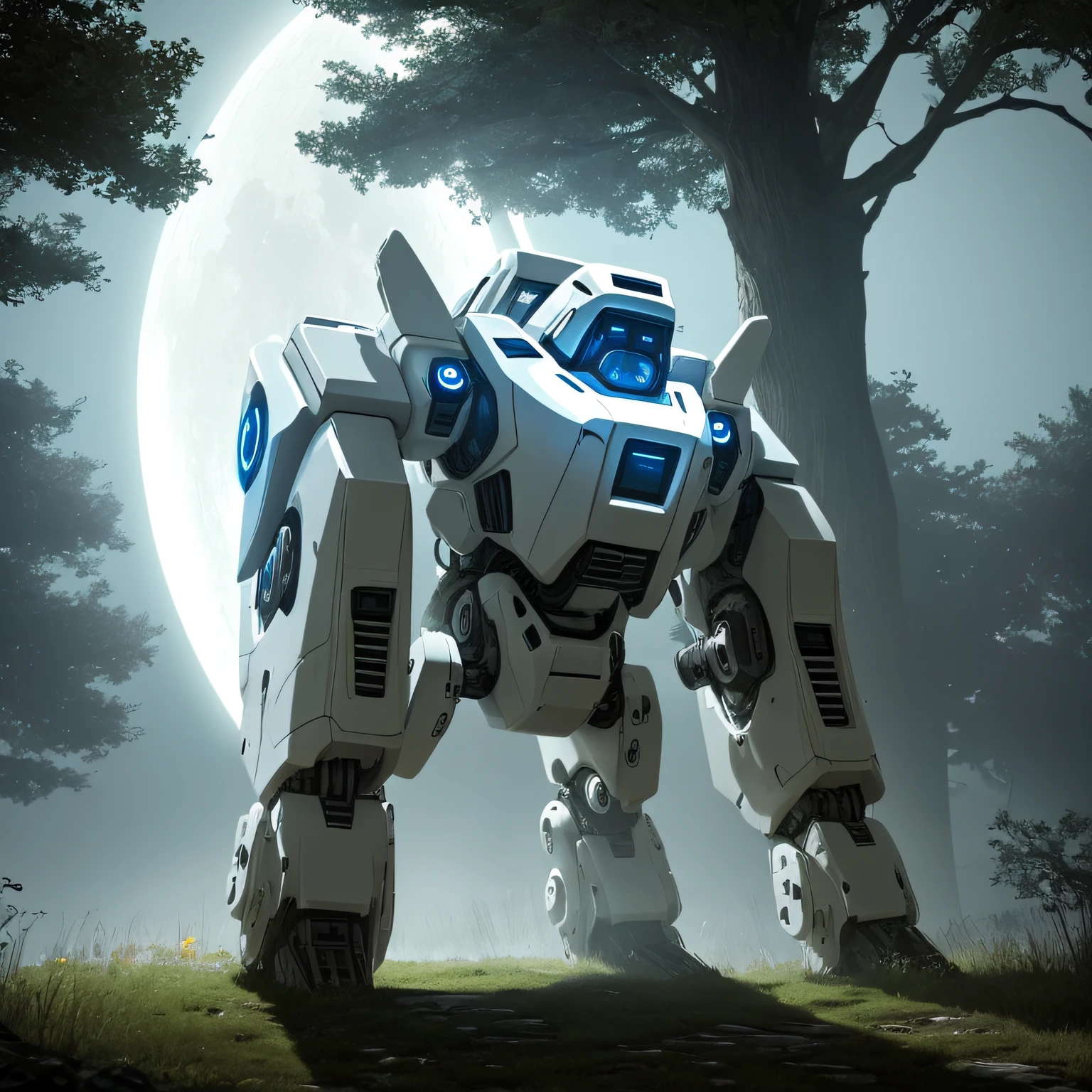 Mystery white ghost, glowing tree, in mech suit --auto
