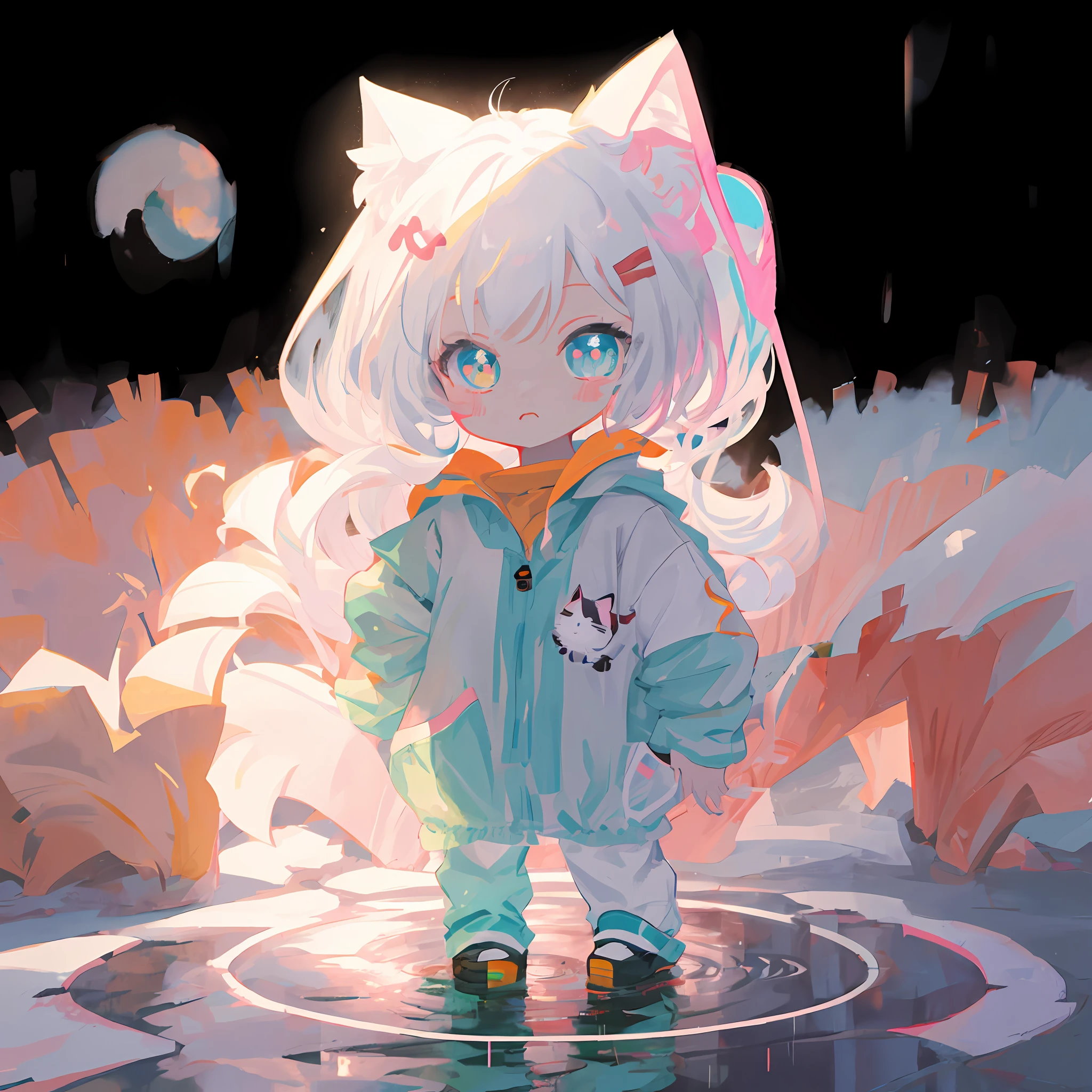 Anime girl standing in a puddle in a raincoat with an umbrella, cute anime catgirl, Cute!! tchibi!!! Cat woman, Guviz-style artwork, lovely art style, White Cat Girl, Cute anime, advanced digital chibi art, Cute detailed digital art, adorable digital art, beautiful anime catgirl, cute artwork, Cute anime style, Guviz