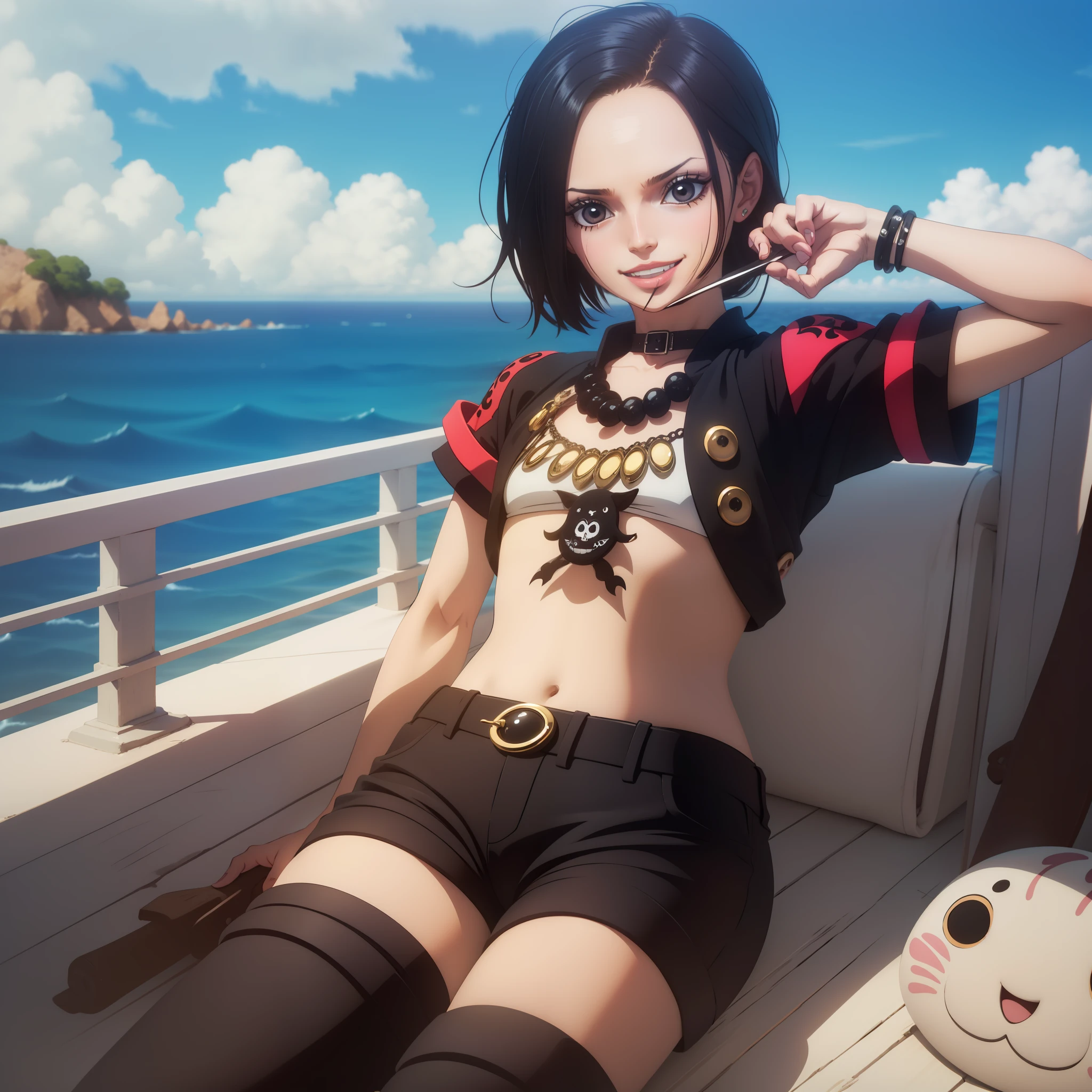 melhor qualidade, baby child girl with short black hair, camiseta preta comprida capa preta, cinto preto olhos vermelhos brilhantes, cabelo preto, colar, Pose fofa, black collar high black pants, expression with a smile at the corner of his mouth, pose de lado, batom vermelho na boca, dentro de um navio, em alto mar, mar atras, Olhos vermelhos, cabelo curto pretos, olhos vermelhos brilhantes, pirata, navio de pirata, Pose para foto fofinha e sorridente segurando um livro, arqueologa colar, bracelete, usando oculos de arqueologa, boa hancok Cobra amarela pose feliz cabelo curto pose fofa feliz