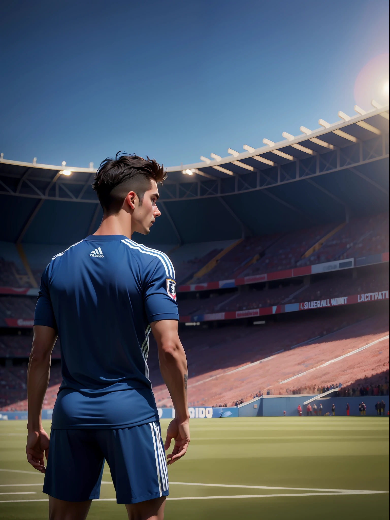 A soccer player stands on the soccer field, Turn his back to the camera,Wearing number 10 blue shirt,In the distance are spectators in the stands