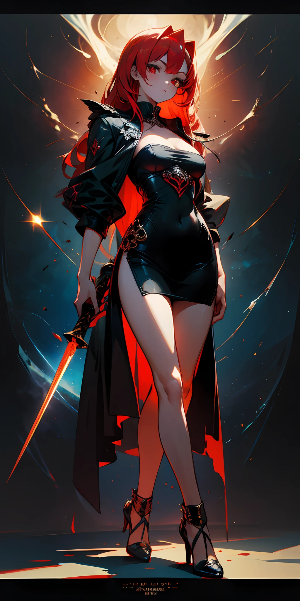 1girll, red pupils，Red long-haired，crisp breasts，Convex buttocks，Bare legged，Black heels，White bandeau dress，Decorated with a gold pattern，He wears a black trench coat，He held a red laser sword in his hand，starrysky，kosmos，Detailed background，Clothing details，perfectly proportioned, Cinematic lighting, filmgrain, Fuji colors, lightand shade contrast, 8K, 巨作, Textured skin, Super detail, high detal, high qulity, A high resolution,