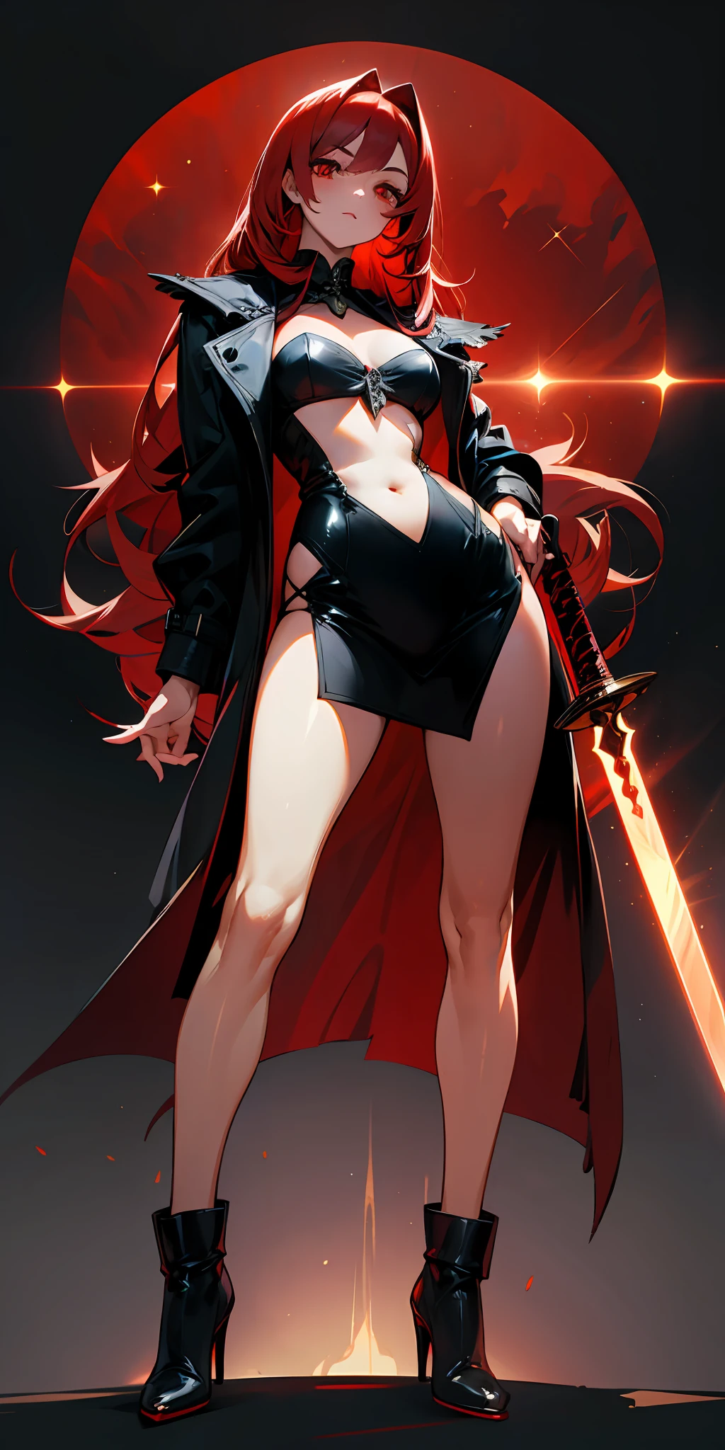 1girll, red pupils,Red long-haired,crisp breasts,Convex buttocks,Bare legged,Black heels,White bandeau dress,Decorated with a gold pattern,He wears a black trench coat,He held a red laser sword in his hand,starrysky,kosmos,Detailed background,Clothing details,perfectly proportioned, Cinematic lighting, filmgrain, Fuji colors, lightand shade contrast, 8K, 巨作, Textured skin, Super detail, high detal, high qulity, A high resolution,