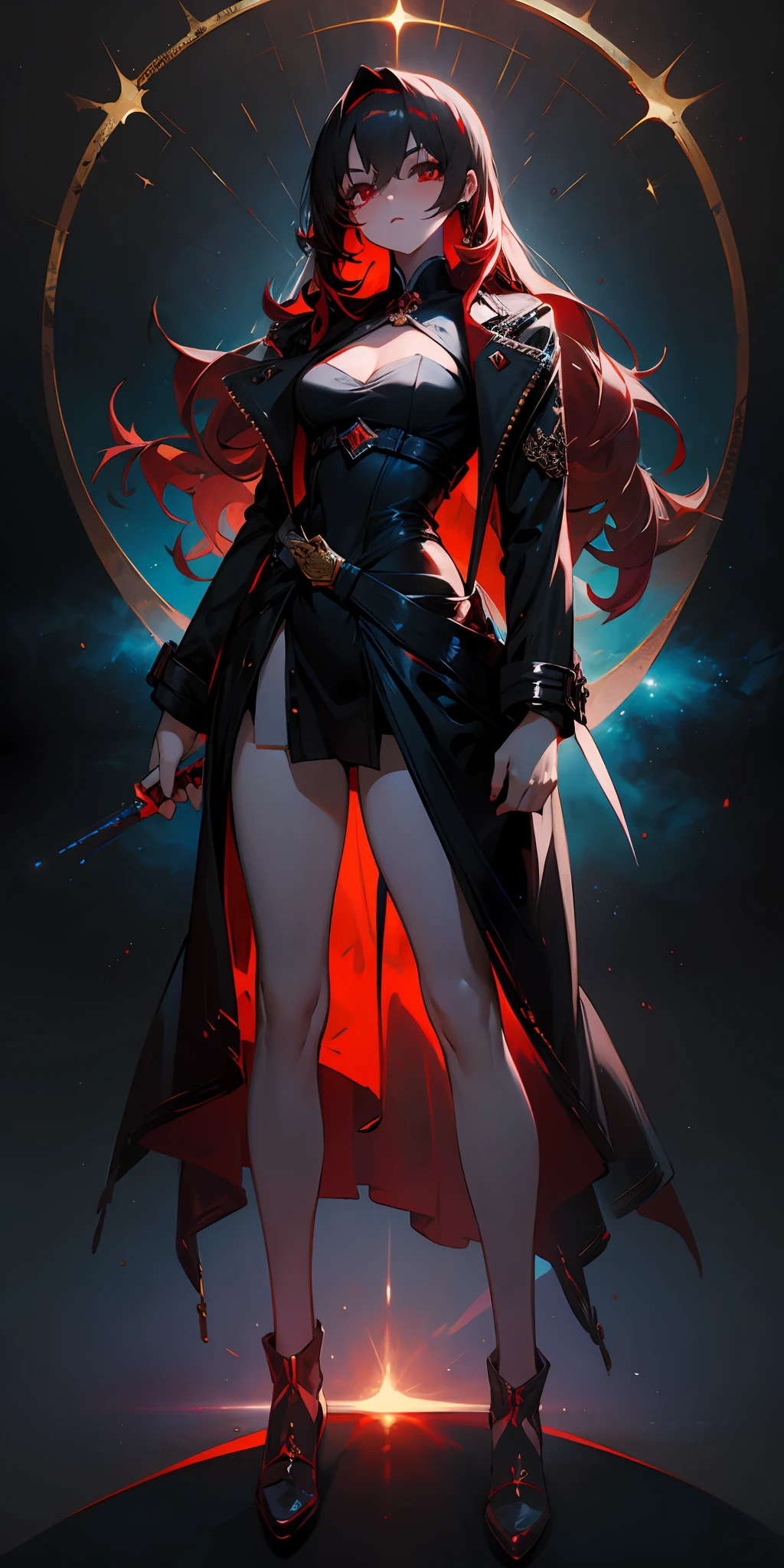 1girll, red pupils，Red long-haired，crisp breasts，Convex buttocks，Bare legged，Black heels，White bandeau dress，Decorated with a gold pattern，He wears a black trench coat，He held a red laser sword in his hand，starrysky，kosmos，Detailed background，Clothing details，perfectly proportioned, Cinematic lighting, filmgrain, Fuji colors, lightand shade contrast, 8K, 巨作, Textured skin, Super detail, high detal, high qulity, A high resolution,