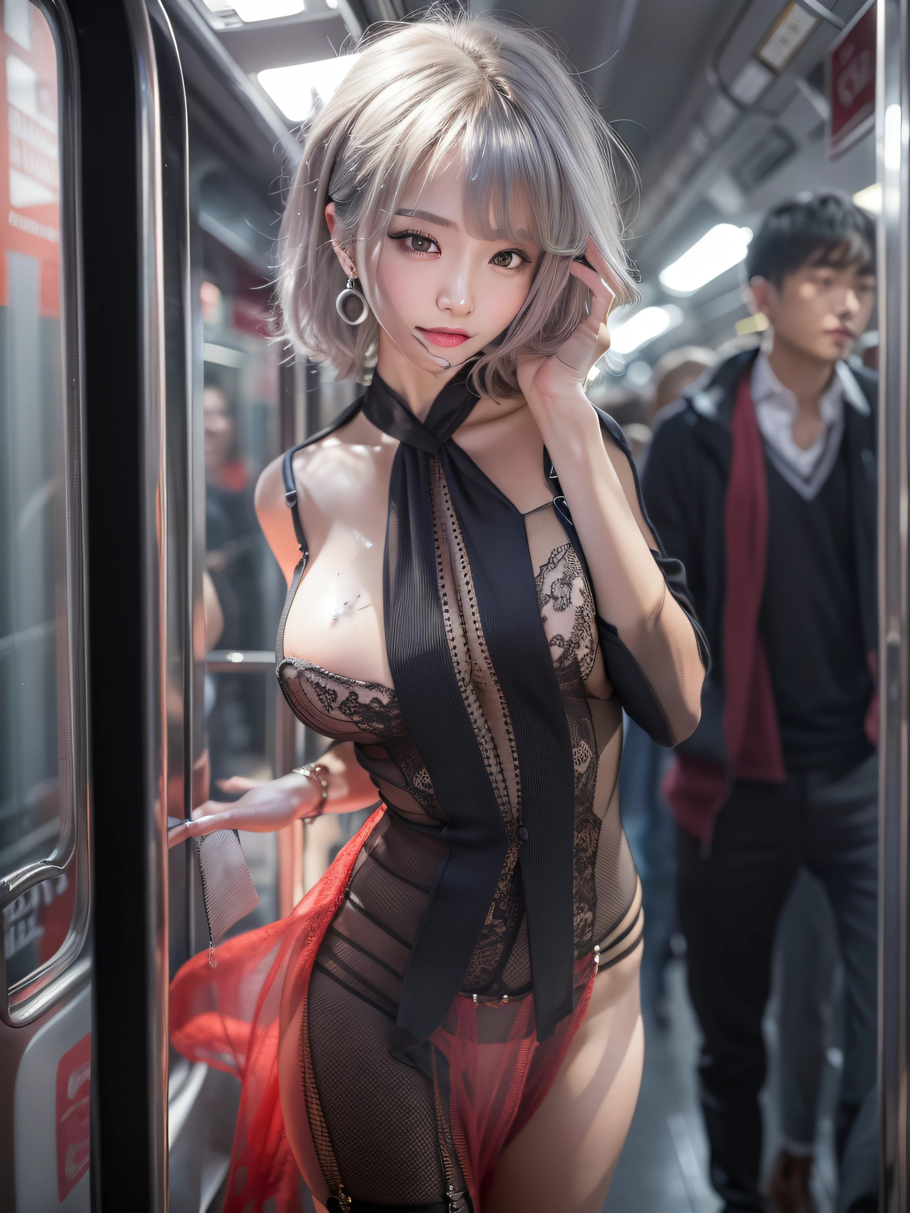 full-body portraits, photograph realistic, A beautiful Chinese woman, Adult video actress, In very crowded train cars, The whole body is soaked with sweat, slim toned body, Height 1.6m, perfect female shape, 34C breasts, Naked of breast, Slim waistline, Elongated legs, 28-inch hips, Wheat-colored skin, Full forehead, Slender eyebrows, Wear red and black erotic underwear, Suspender stockings, Wear platform stiletto heels, tempting pose, silver hair, streaked hair, bangs, straight hair, messy hair, hair slicked back, jewelry, longeyelashes, earrings, makeup, shaded, expressionless, red lips, short hair, cinematic lighting, three sided view, masterpiece, ccurate, textured skin, super detail, best quality, 8k