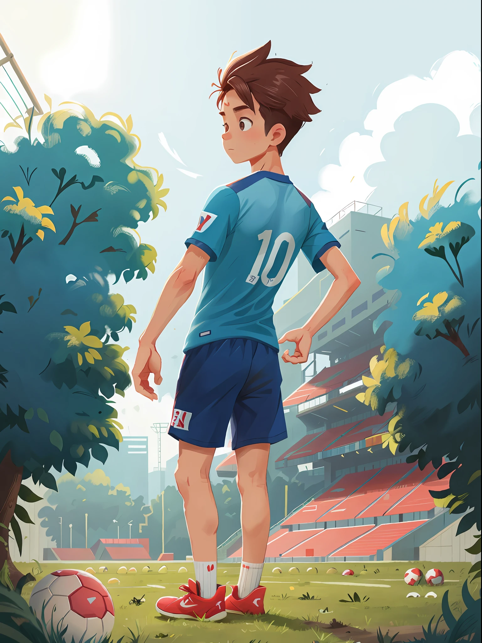 A soccer player stands on the soccer field, Turn his back to the camera,Wearing number 10 blue shirt,In the distance are spectators in the stands