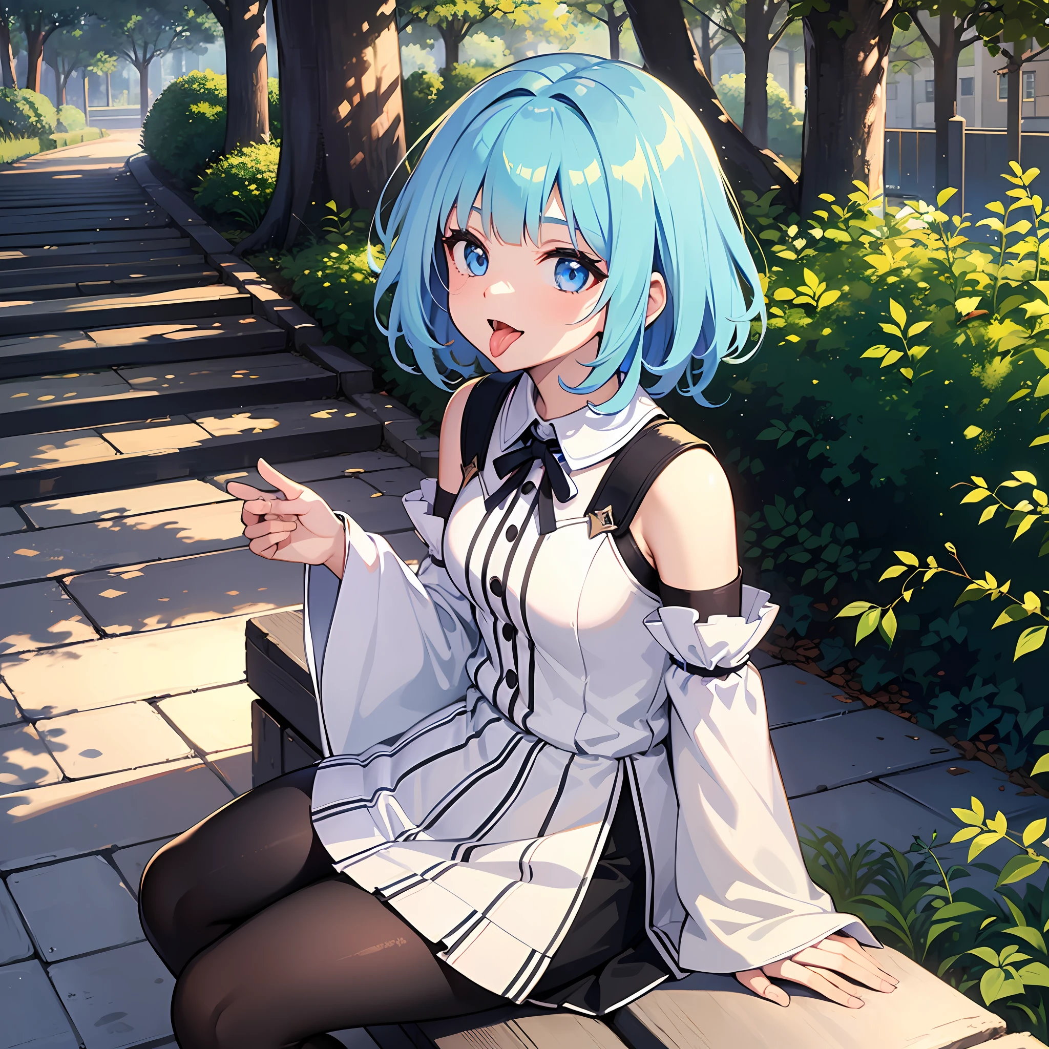 (masterpiece:1.3), (best quality:1.3), high resolution,
couboy shot,
sitting, body facing forward,
(one cute girl:1.3), solo,
white skin, small Breast, eight-headed person,
light blue hair, (bobbed hair:1.2), (short hair:1.2), (blunt bangs:1.2), beautiful hair, blue eyes, beautiful detailed eyes,
(tongue out:1.3), open mouth, heart, cheerful smile,
casual clothes, blue check skirt, detached sleeves,
outdoors, night sky, natural park, sidewalk cafe,
shadowlighting,
