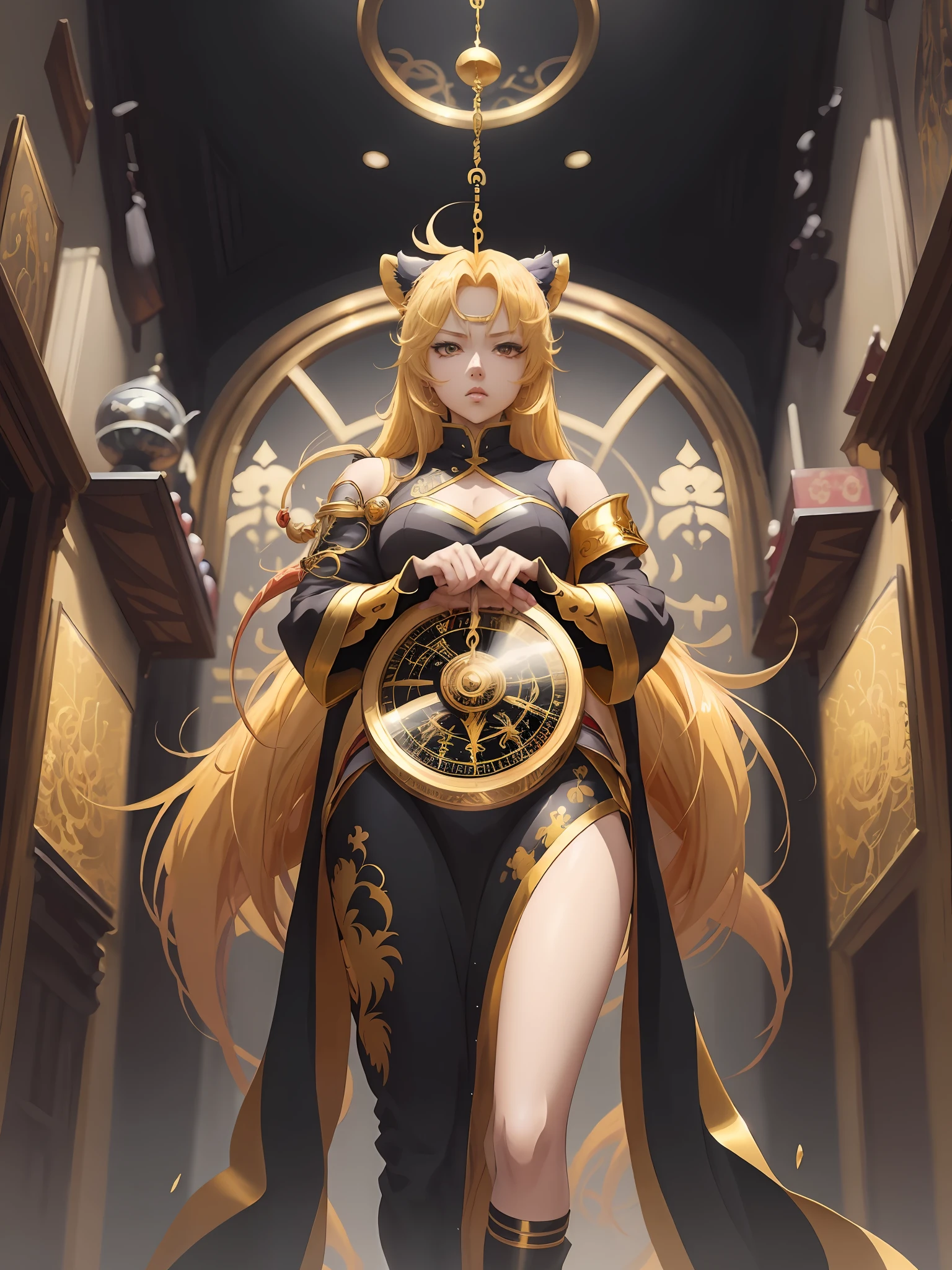 A stunningly beautiful magical golden Leo astrolabe painting of a yellow-haired girl with a lion next to her, anime style 4 k, anime art wallpaper 8 k, anime art wallpaper 4 k, anime art wallpaper 4k, detailed digital anime art, anime fantasy artwork, anime fantasy illustration, by Yuumei, beautiful anime artwork, onmyoji detailed art, 4k anime wallpaper