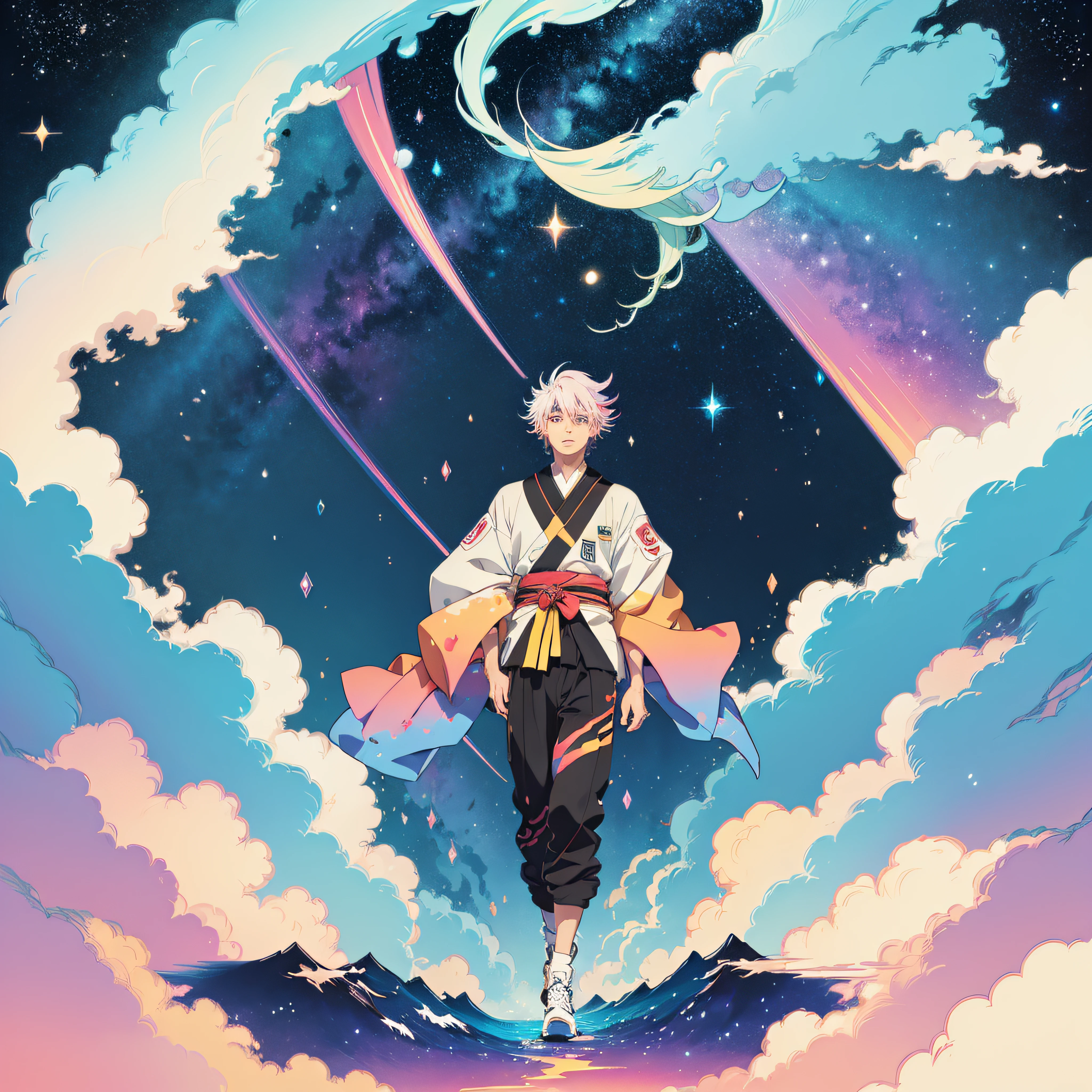 A man,Japanese anime style,gradient color hair,A sky full of stars,Colorful sky,details painting,HD,16K,Colored gradients