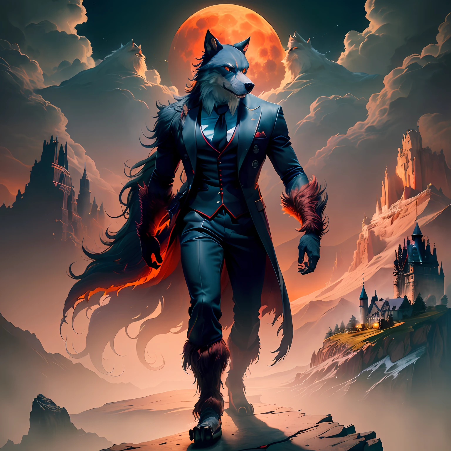 Gray-black werewolf，The background is the full moon