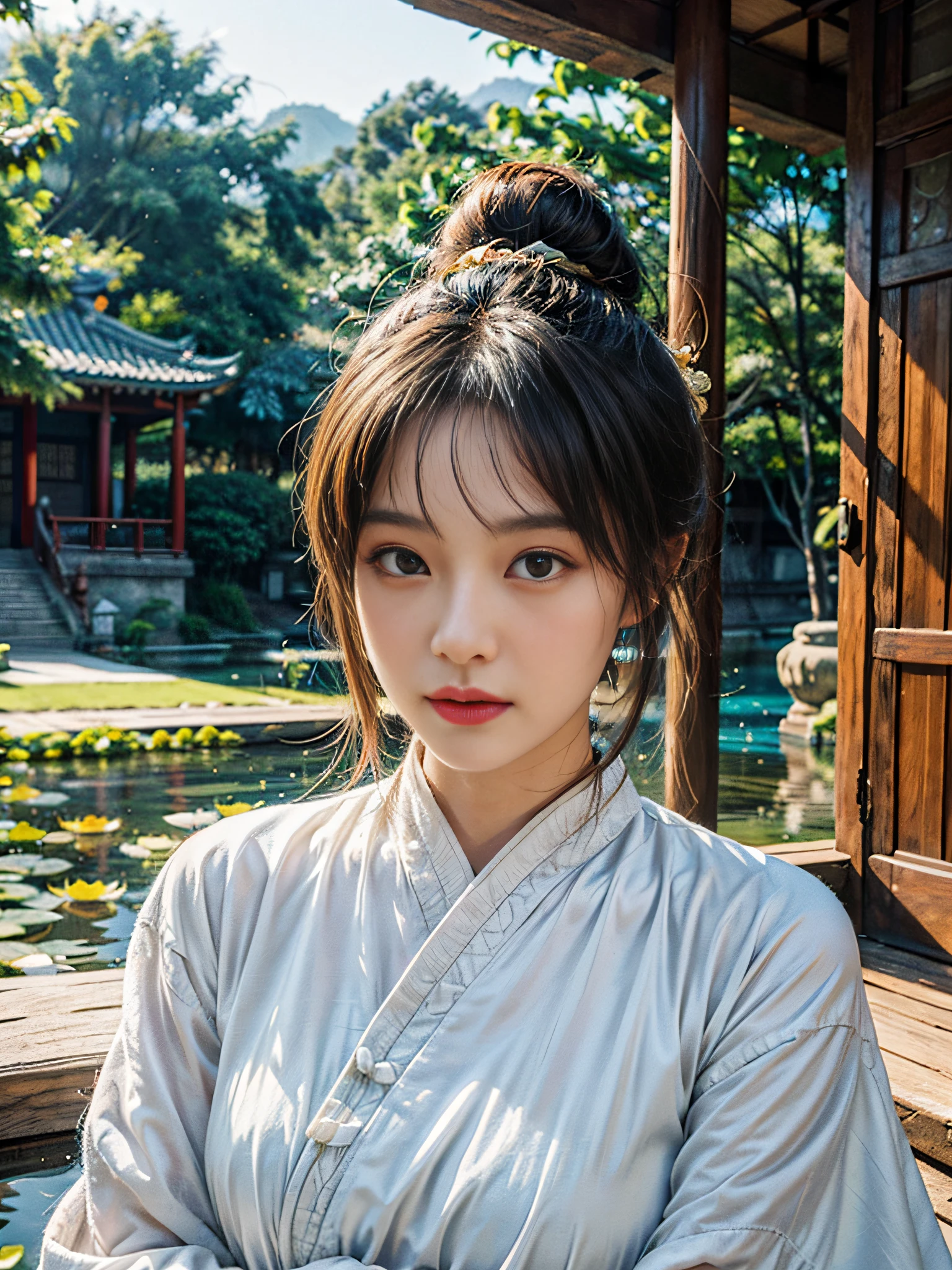 realistic, big vista, wide angle lens, intricate details, super detailed, natural skin texture, 1 girl, hair bundle, bun, beautiful Chinese woman in white hanfu robe cloak, fairy, white mist, golden light, white mist, outdoors, in Hangzhou West Lake, in ancient Chinese pavilion, (colorful, vivid, sunny, cool light: 1.2) lotus leaves in pond, delicate facial details, dynamic poses, exquisite details, wide view, epic details, global illumination - ar 3:2 - Q 5 - V 5.1 - Style RAW-S 750, style influenced by ancient Chinese art, complex, high detail, sharp focus, dramatic, photorealistic painting art, lotus leaf, spring rain, bright, light, atmospheric, bright tones of spring, super detail, 16k, best quality, soft light, space, crystal clear, natural light, surreal photography,