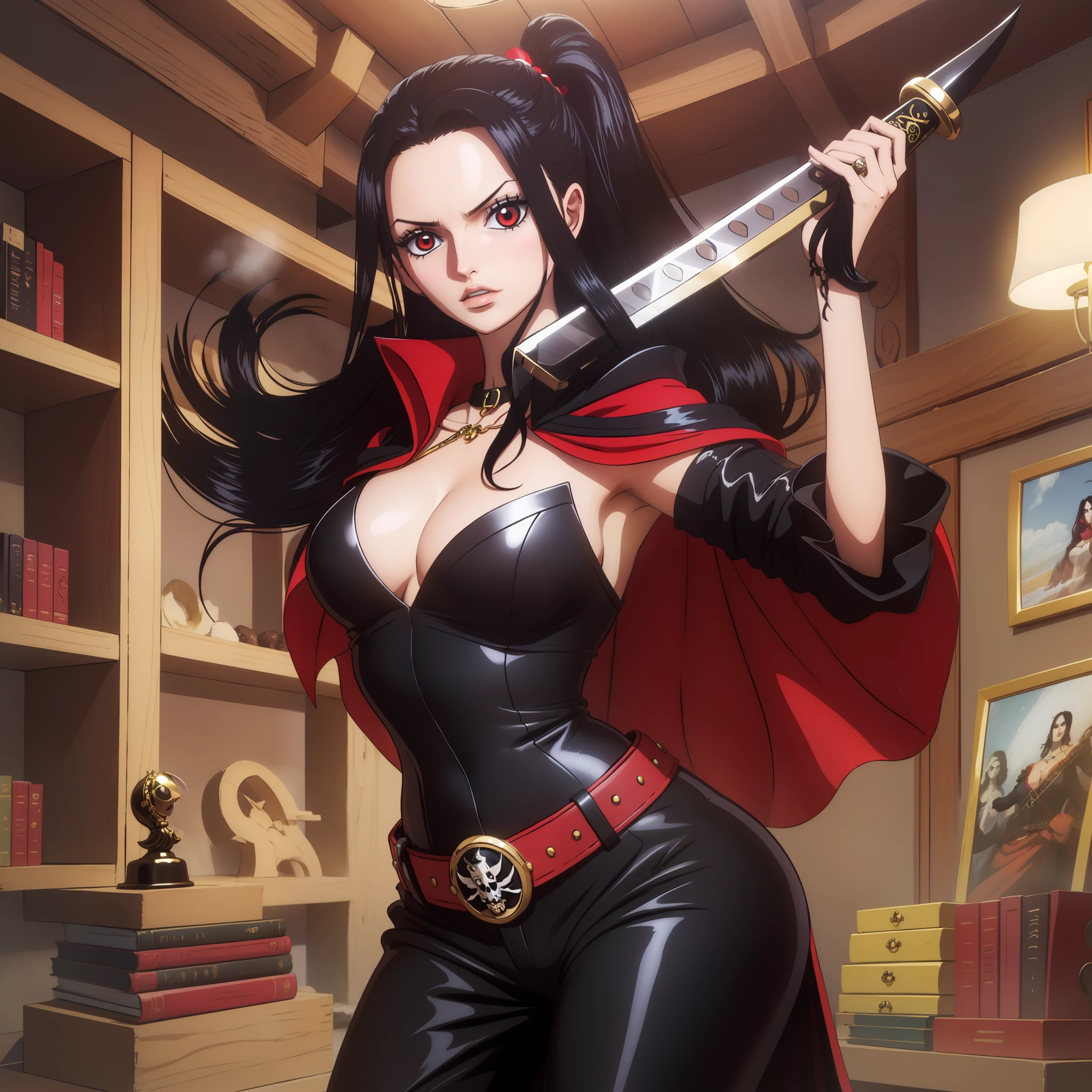 melhor qualidade, Girl long hair black long dress red cape black breasts medium belt black bright red eyes, cabelo preto, colar, Pose fofa, black collar high black pants, expression brava at the corner of his mouth, pose de lado, batom vermelho na boca, dentro de um navio, em alto mar, mar atras, Olhos vermelhos, cabelo curto pretos, olhos vermelhos brilhantes, pirata, navio de pirata, Pose para foto, com uma katana, segurando um livro, arqueologa colar, bracelete, usando oculos de arqueologa, boa hancok Cobra amarela pose sexy