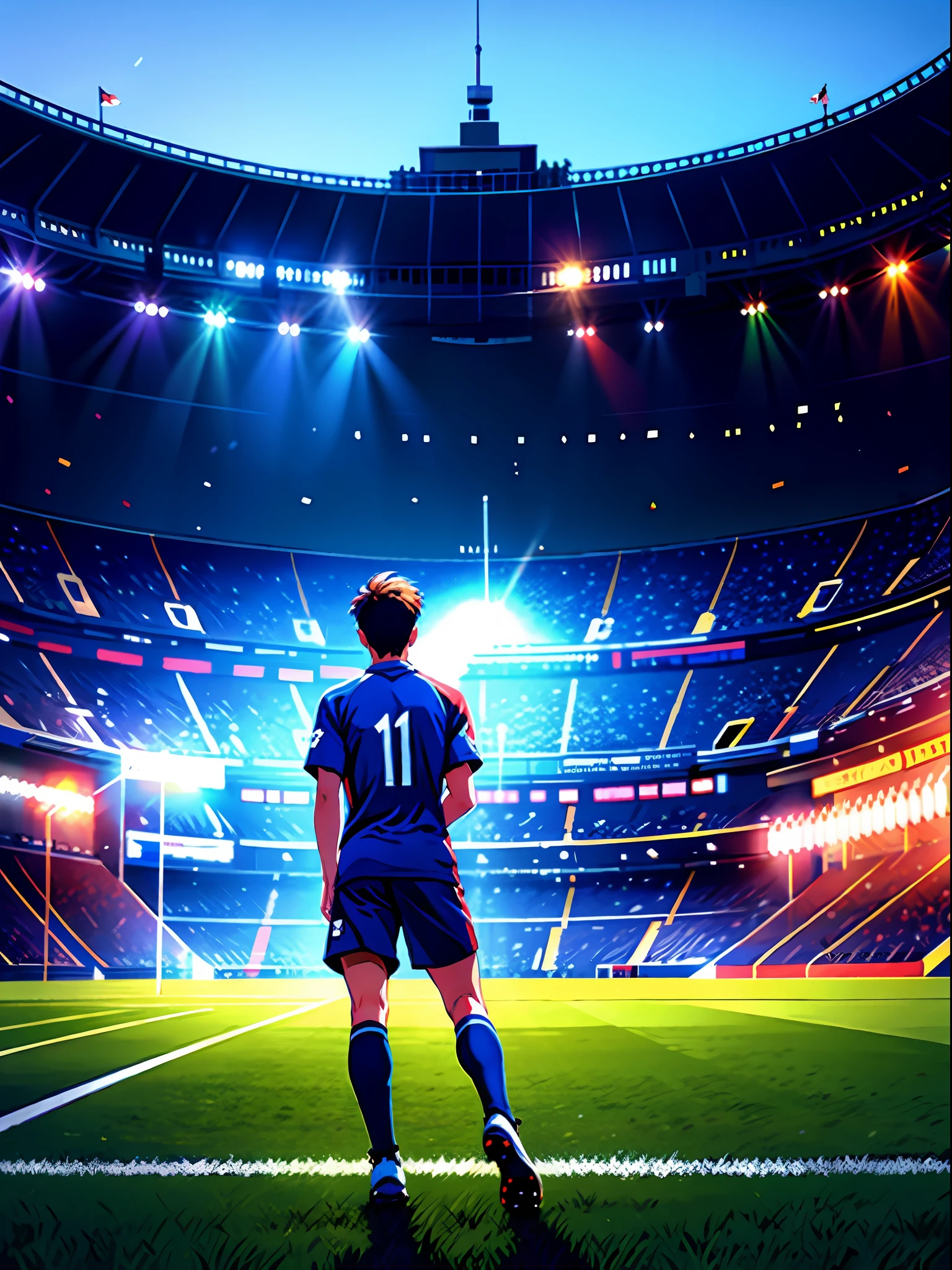 A soccer player stands on the soccer field, Turn his back to the camera,Wearing number 10 blue shirt,In the distance are spectators in the stands