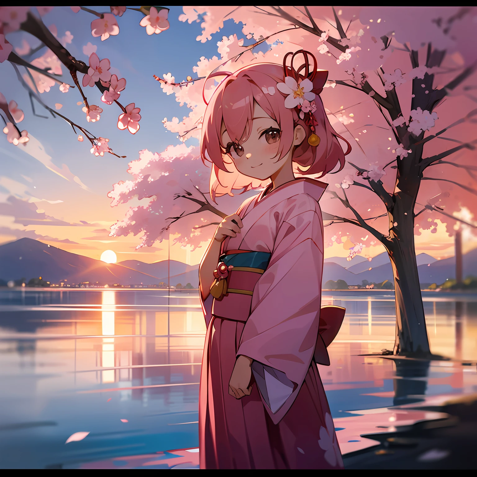 080p,quadratic element,Sunset cherry blossom trees by the sea,Kizi,Cute loli,Pink hair,Issuing,Japan kimono,Turn 45 degrees,16 yaers old,Light smile,Hands holding flowers,Anime style,The skirt is rippling --auto