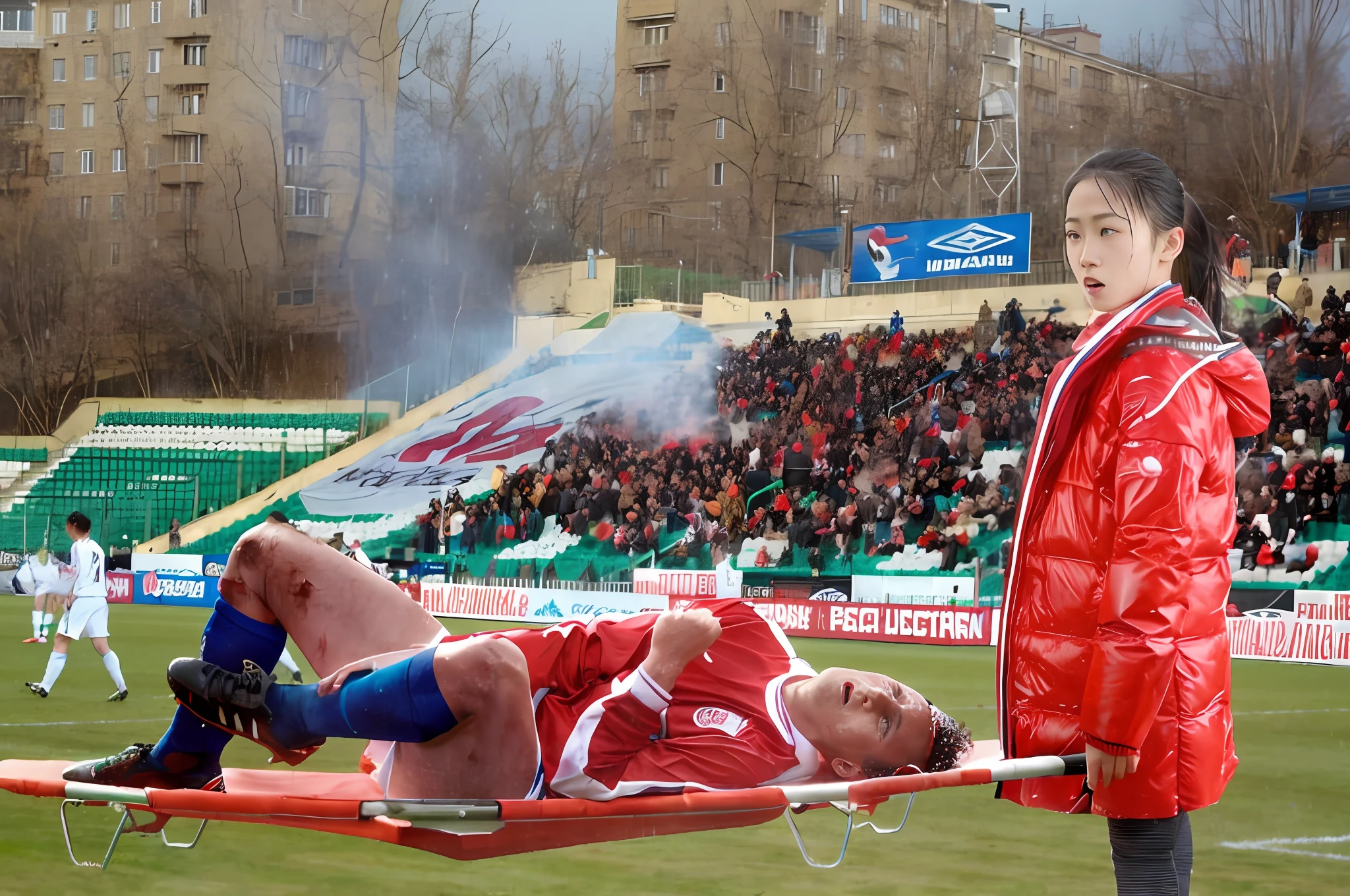 a soccer scene in a chinese sports stadium, rainy weather, wet ground, rainfall, injury scene in a sports stadium, stretcher carry, there are two young schoolgirls in shiny leather-trousers carrying a stretcher, there are two longhaired schoolgirls in high-shine latex-leggings who are carrying a stretcher in a rainy sports stadium, there is a wounded male soccer player in a short sports outfit lying on the stretcher, an injured male soccer player is lying on his back on a stretcher and is grabbing his hurting leg with his hands, a soccer player is rearing up in intense pain while lying on his back on a stretcher and grabbing his injured leg with his hands, dramatic scene, theatralic posing scene, dramatic pity scene, injury soccer, first aid, help, pity, there are two very angry looking schoolgirls in shiny latex-trousers who are looking very sad and very terrified and very shocked, the injured soccer player is screaming out in pain while he is carried from the pitch on a stretcher through the rain