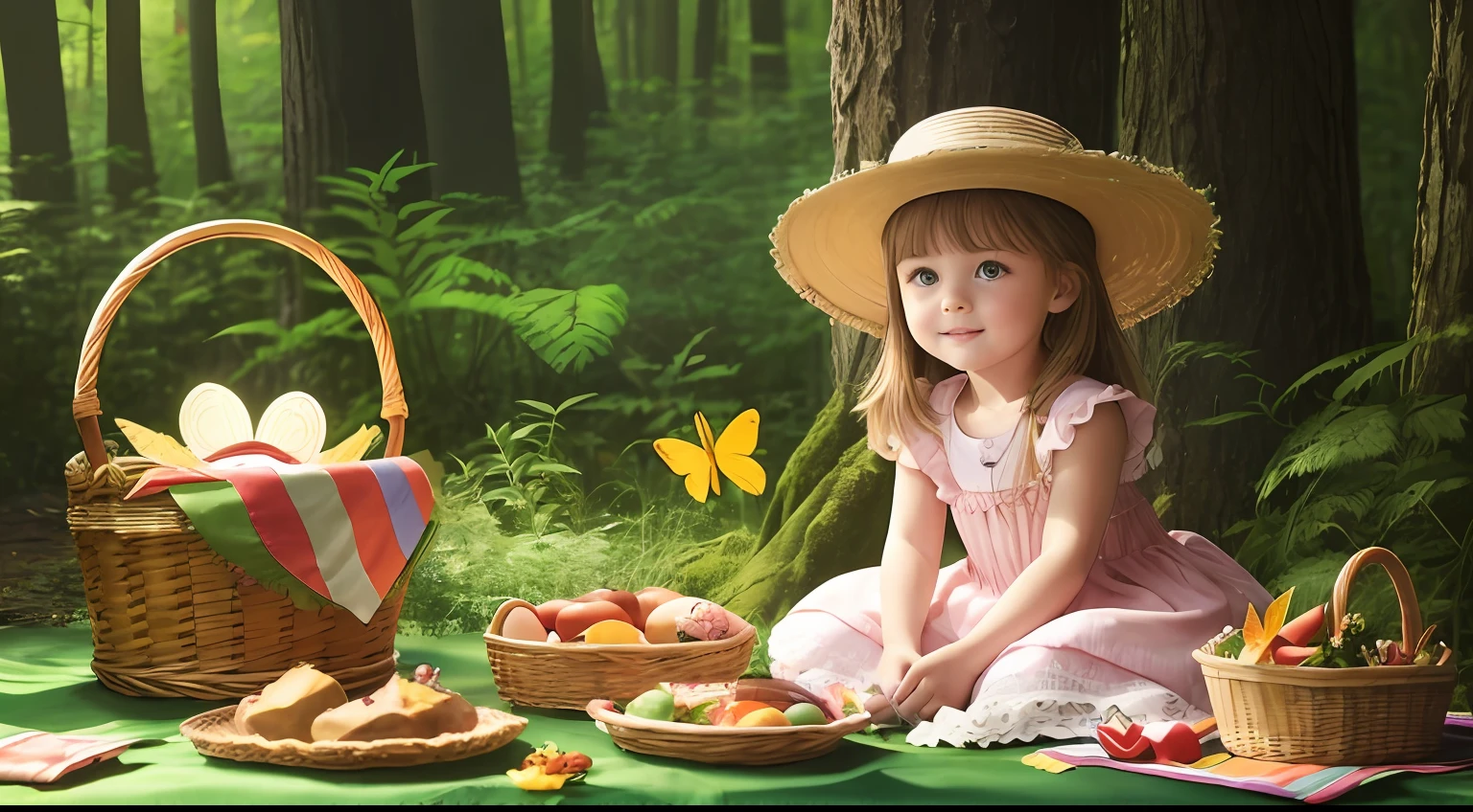 "The sun is shining in the forest as Lilly, a with mesmerizing green eyes, enjoys a delightful picnic surrounded by playful animals, colorful butterflies, and chirping birds. She holds a small basket filled with delicious treats. The atmosphere exudes a whimsical and magical ambiance. -auto" --auto
