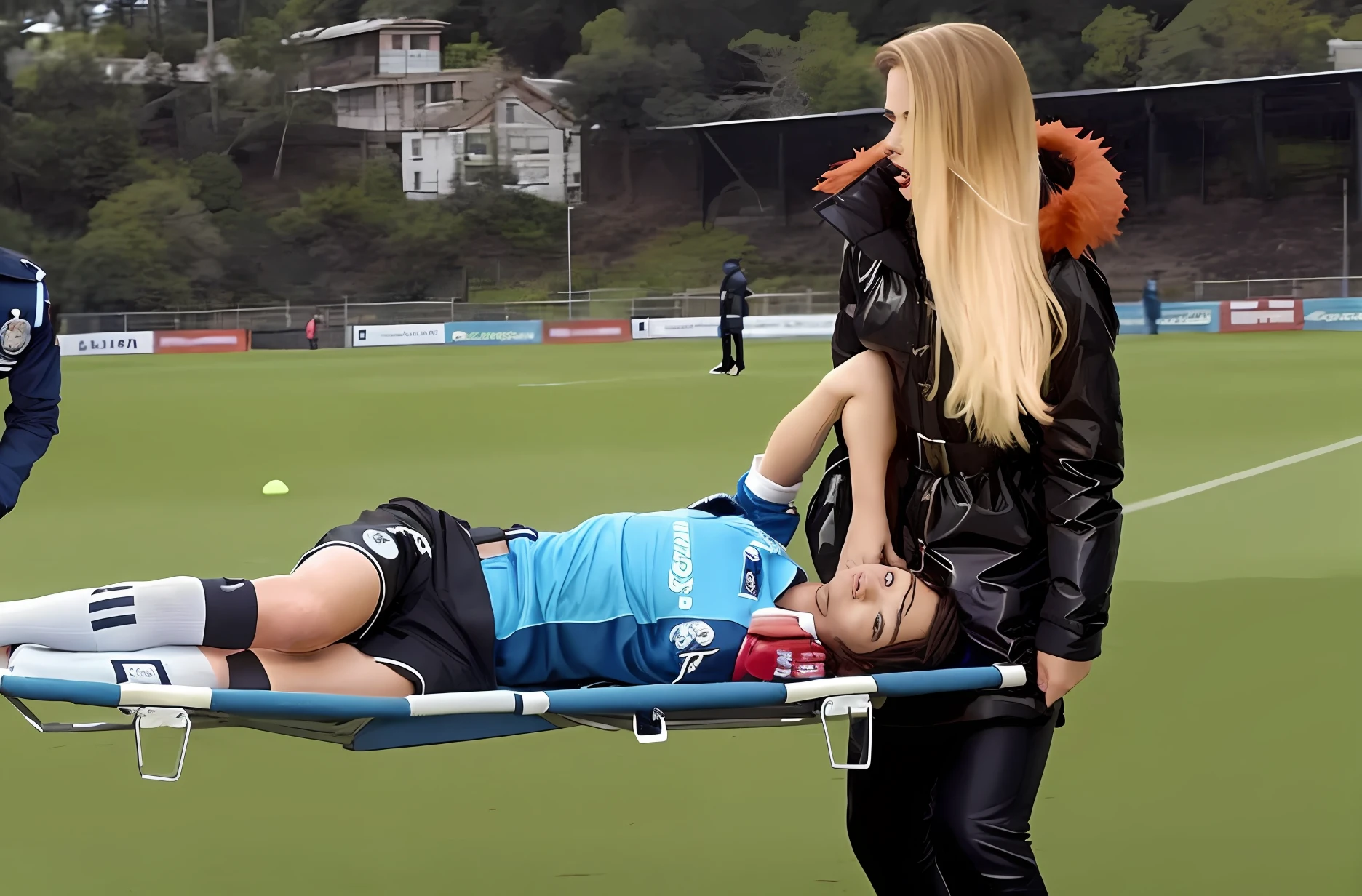 an excessively madeup age girl in a laquered coat, a passionately shouting teengirl in a laquered coat, there is a sportsman in white shorts and a white t-shirt lying injured on a stretcher, there is an injured sportsman who is covering his face on a stretcher, an injured sportsman is covering his face with his hands, an injured sportsman is writhing in ecstasy on a stretcher, dramatic pity pose, there is a latino woman in a high-shine puffy coat, a high-shine black down coat, a long black moncler coat, a wetlook down coat, a wet black laquered coat, a latino wife is wearing a wetlook black uniform, injured, medic, very professional, soccer action pose, affection pose, lecherous action pose, dramatic action pose, theatralic pose, there is an attractive woman that is carrying a skinny man, there is a beautiful woman in a shiny coat who is carrying a blond man on a wetlook orange stretcher, a longhaired beautiful woman in a high-shine black puffy coat, a longhaired woman in a shiny downcoat, a woman is carrying a shorthaired man who is wearing shorts and a t-shirt, a weak man in spots shorts is consciousless and needs to be carried, a shorthaired man with closed eyes is carried on a stretcher by a longhaired woman, a woman looks very scared and terrified, a consciousless man with closed eyes is suffering very much and has a very painful face, photo, photo shoot, photographed , accident, help, aid, first aid, pity