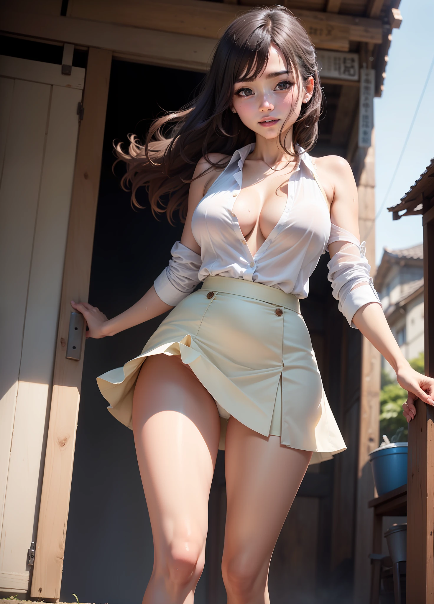 top-quality、Oriental face、Realistic human skin、(detaileds)、japanes、A face similar to Kasumi Arimura、Beautiful eyebrows、18year old、The ultra -The high-definition、(8K、Raw photography、Photorealsitic:1.4)、one girls、Sleeveless、poneyTail、Slimed、Happiness(Gentle goddess-like eyes):1.ura Kano、(lipgloss、Eye lashes、Shiny face、masterpiece, Top image quality, hight resolution, Beautiful facial features、Cute face、There is a village frame pure、Hi-Res, atlibrary,one girls, 独奏, Angle from below, skirt by the, The shirt, blue eyess, Light shirt, sleeve less、Unbuttoned, fluffy chest, cleathe breast, pleart, Super Miniskirt, dress shirts,ssmile,Proud look, Mecomuscle、Thin eye,full of sweat, sodden, Sheer feeling, Light clothing, Skirt blowing in the wind, lift up one's skirt、Crotch line、hip lines、White underwear、camel's toe、Panchira、Beautiful leg lines、Wet hips、Excessive crotch droplets、Three-dimensional effect of body parts、Exposed underwear、focus-on feet、kneeking、