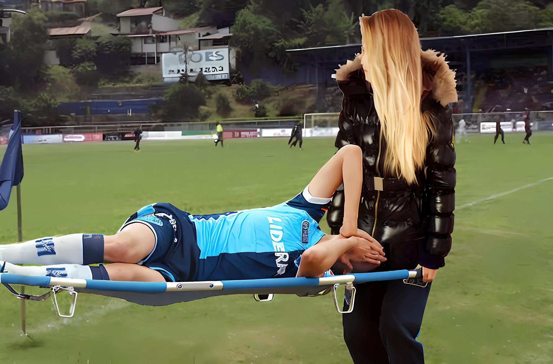 an excessively madeup teenage girl in a laquered coat, a passionately shouting teenage-girl in a laquered coat, there is a sportsman in white shorts and a white t-shirt lying injured on a stretcher, there is an injured sportsman who is covering his face on a stretcher, an injured sportsman is covering his face with his hands, an injured sportsman is writhing in ecstasy on a stretcher, dramatic pity pose, there is a latino woman in a high-shine puffy coat, a high-shine black down coat, a long black moncler coat, a wetlook down coat, a wet black laquered coat, a latino wife is wearing a wetlook black uniform, injured, medic, very professional, soccer action pose, affection pose, lecherous action pose, dramatic action pose, theatralic pose, there is an attractive woman that is carrying a skinny man, there is a beautiful woman in a shiny coat who is carrying a blond man on a wetlook orange stretcher, a longhaired beautiful woman in a high-shine black puffy coat, a longhaired woman in a shiny downcoat, a woman is carrying a shorthaired man who is wearing shorts and a t-shirt, a weak man in spots shorts is consciousless and needs to be carried, a shorthaired man with closed eyes is carried on a stretcher by a longhaired woman, a woman looks very scared and terrified, a consciousless man with closed eyes is suffering very much and has a very painful face, photo, photo shoot, photographed , accident, help, aid, first aid, pity