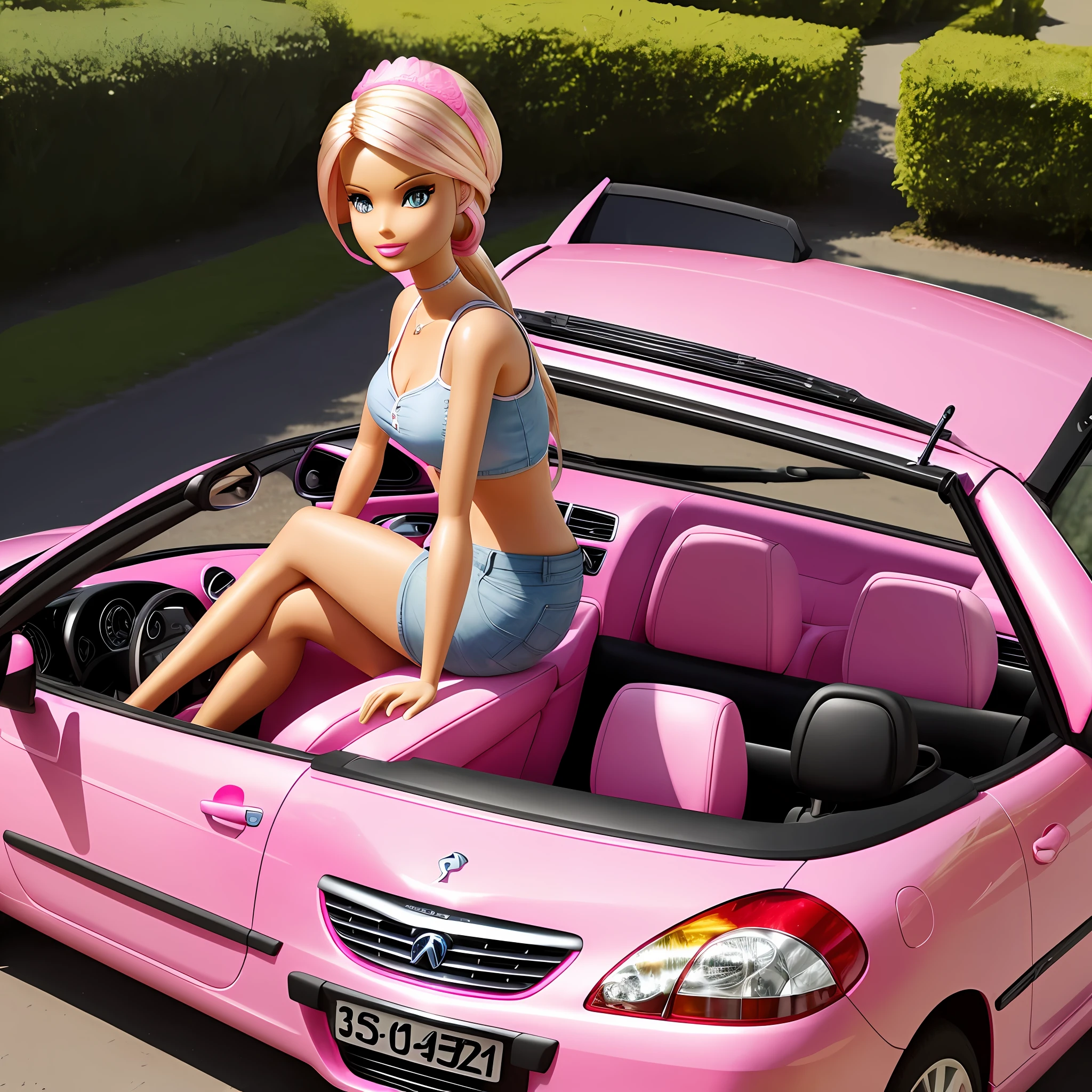 Barbie sitting in her pink Peugeot 307 convertible on a sunny day. --auto