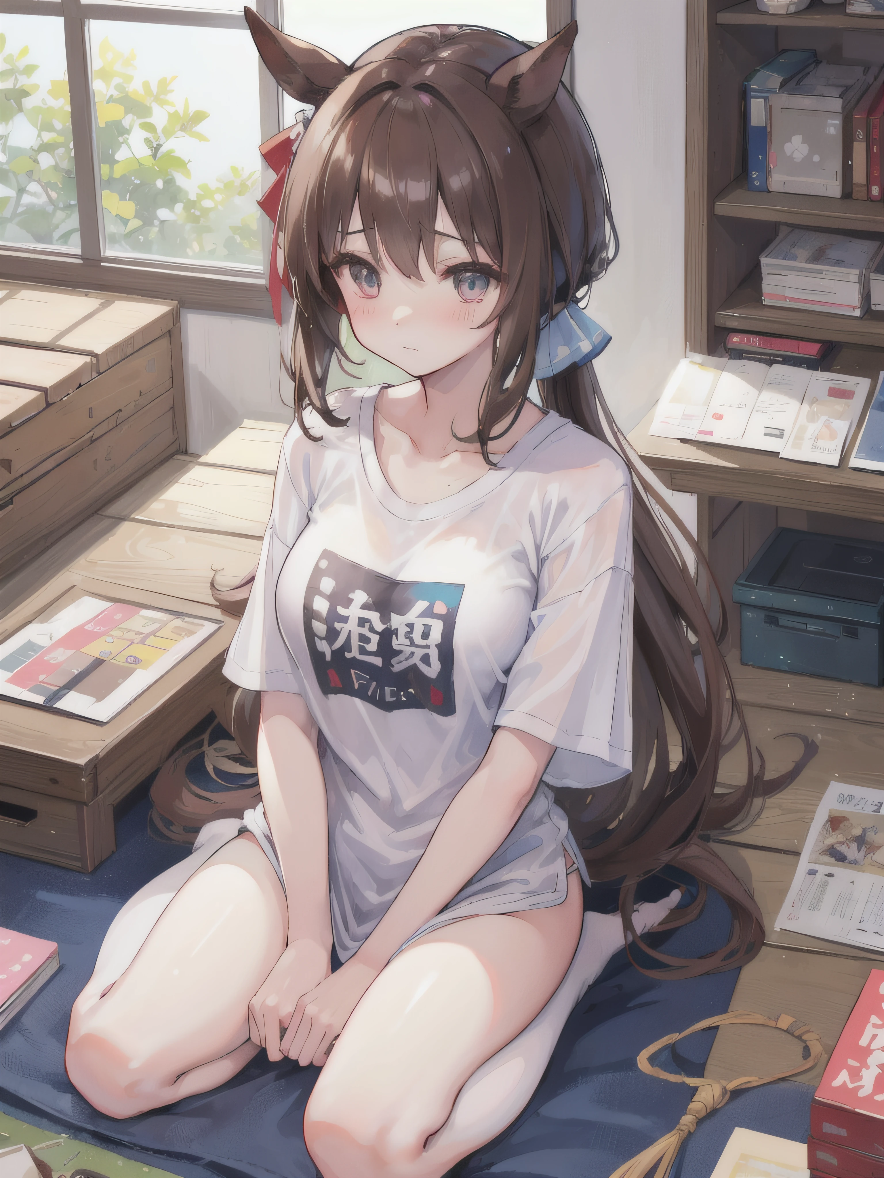 ​masterpiece、top-quality、ultra-detailliert、illustratio、*** 1 人、tshirts、Textured、detaileds、a beauty、Beautiful breasts、Brown hair、(Horse ears on the head)、Low ponytail、red blush、feel shy、Uma Musume（Admire Vega）、white t-shirts、Landless、Sheer bra、Big T-shirt、flipping up shirts、Lower breast、Seiza、sitting on、Not wearing panties、North Cart