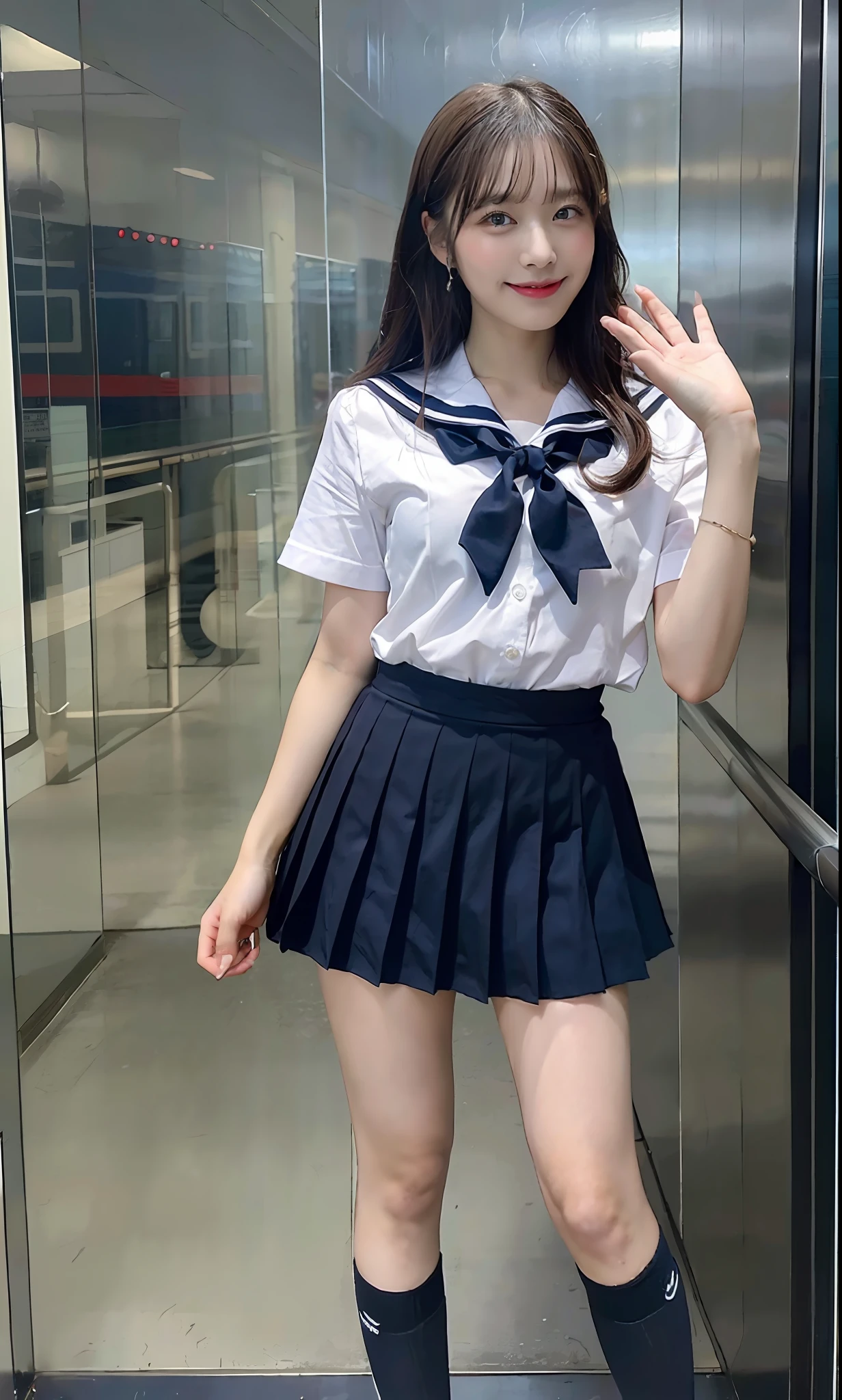 (ultra best quality、超A high resolution、8k、masterpiece:1.3)、Beautiful Women in Perfect Figure:2、Black hair、a sailor suit、hi-school girl、kawaii、extremely detailed face and skin、Detailed eye、二重まぶた、Skinny Legs、A smile、1The human、Make an OK sign with your left hand、Navy blue pleated skirt、16years old、The whole body is in the viewer、Extraordinary beauty、