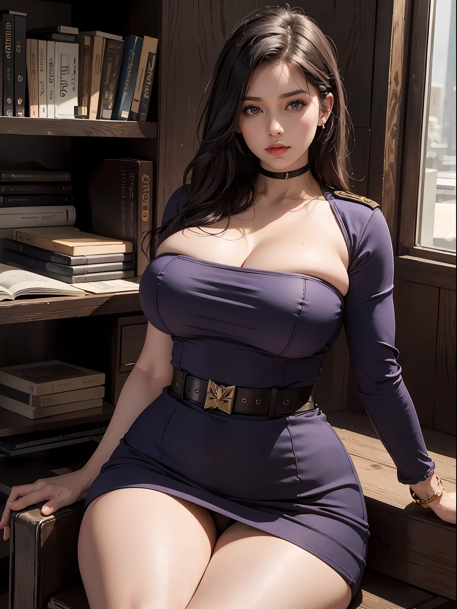 woman(upper body:1.2 1girl, masterpiece, best quality, ultra-detailed, illustration, finely detailed eyes and detailed face) Clothes: military outfit, special force general, Appearance: black hair in a , natural makeup, (purple eyes:1.05), wide hips, massive breasts, alluring, motherly, looking at viewer, curvy, voluptuous, full body, (mature female, milf:1.1), solo, (curvy:1.1), big ass, thick thighs, milf, modern military office background, sitting down, legs crossed