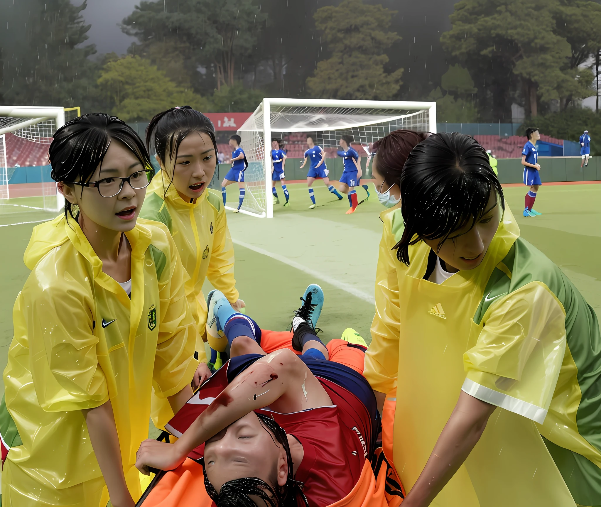 a soccer scene in a chinese sports stadium, rainy weather, wet ground, rainfall, injury scene in a sports stadium, stretcher carry, there are four female medics in wet raincoats who carrying a stretcher, there are four female medics in wet raincoats who are carrying a stretcher in a rainy sports stadium, there is a wounded male soccer player in a matte short cotton sports outfit lying on the stretcher, an injured male soccer player is lying on his back on a stretcher and is rearing up in agony, a soccer player is rearing up in pain while lying on his back on a stretcher, dramatic scene, theatralic posing scene, dramatic pity scene, injury soccer, first aid, help, pity, there are four female medics in shiny raincoats who are looking very sad and very terrified and very shocked, the injured soccer player is screaming out in pain while he is carried from the pitch on a stetcher through the rain