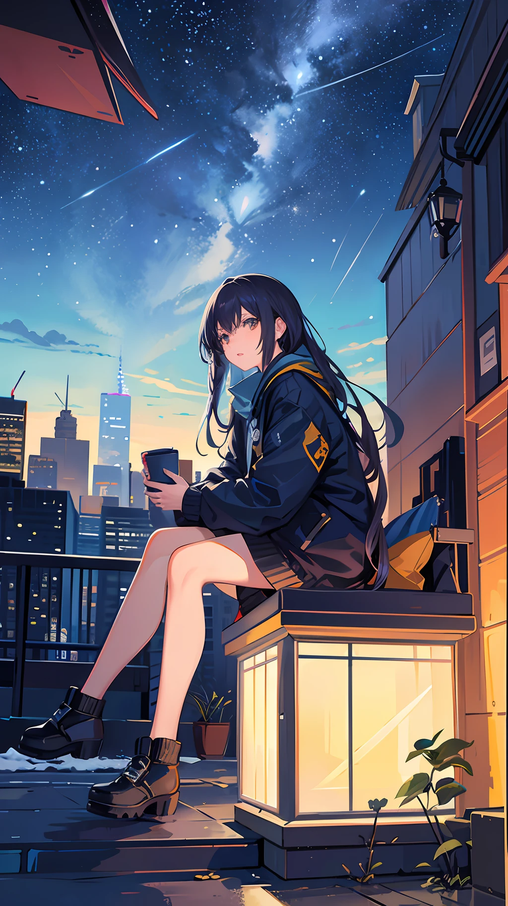 octans, sky, star (sky), scenery, starry sky, night, 1girl, night sky, solo, outdoors, building, cloud, milky way, sitting, tree, long hair, city, silhouette, cityscape