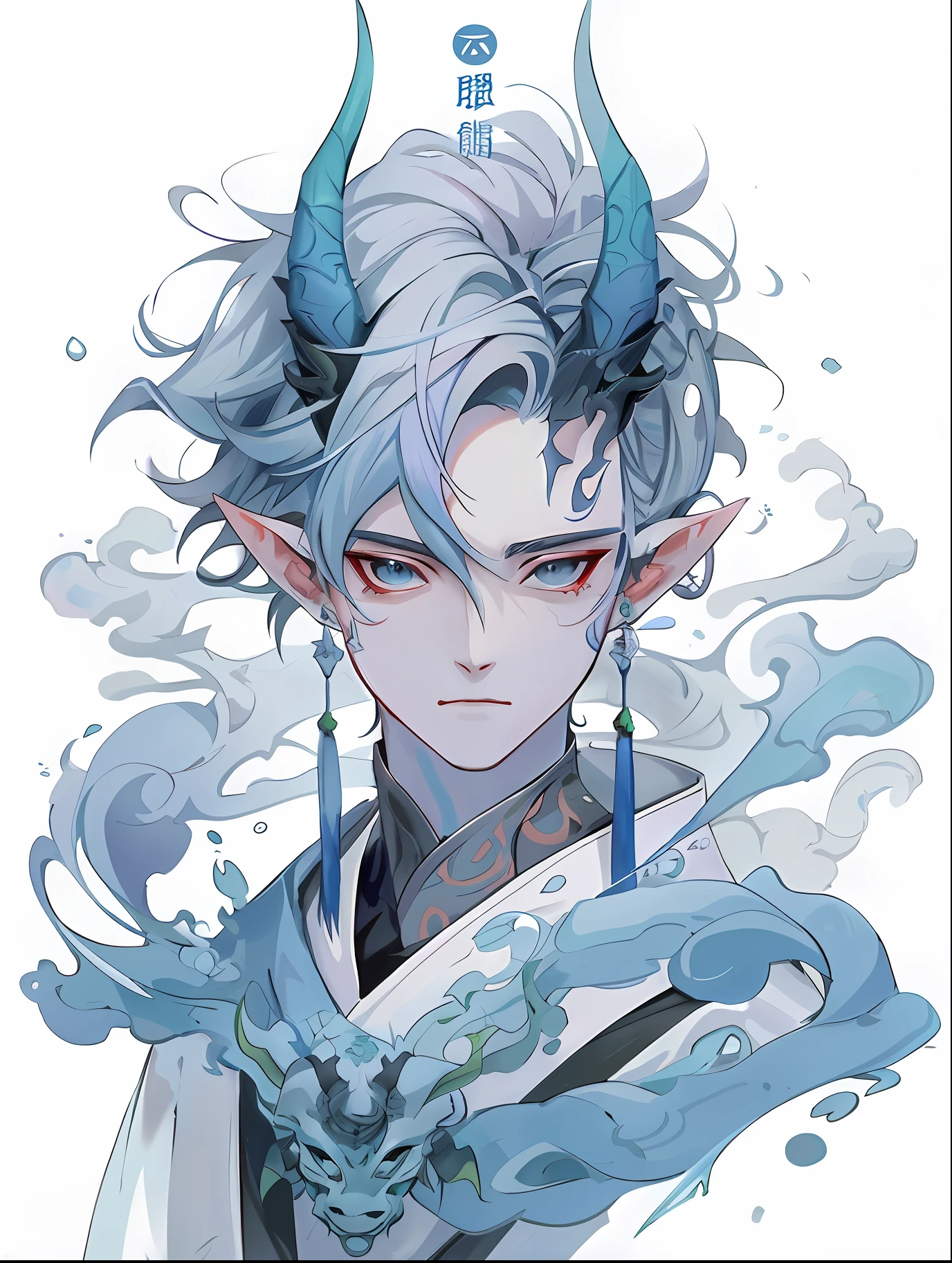 Anime characters with horns and horns on their heads,The background is blue and white, handsome japanese demon boy, handsome guy in demon killer art, Keqing from Genshin Impact, drak, Inspired by Bian Shoumin, Detailed fanart, by Yang J, Digital anime illustration, Fanart Meilleure ArtStation, trending on artstation pixiv, Beautiful androgynous prince