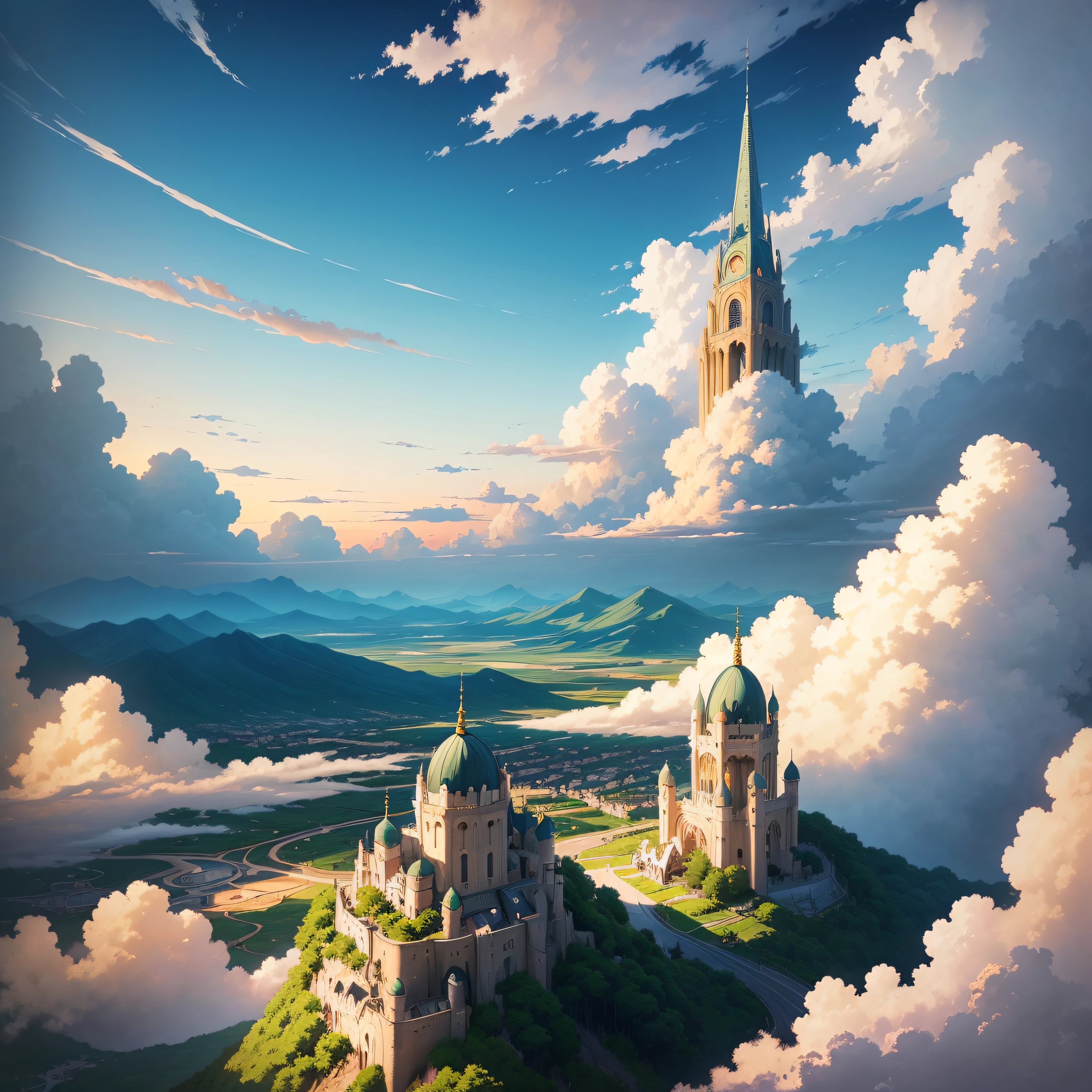 animesque、Skyscape with clouds、Landscape without buildings、You can see the touch of the brush、Studio Ghibli、Ghibli、a sultry、the ground is wet、Scenery、Style、Golden Time、sky line、evening --auto