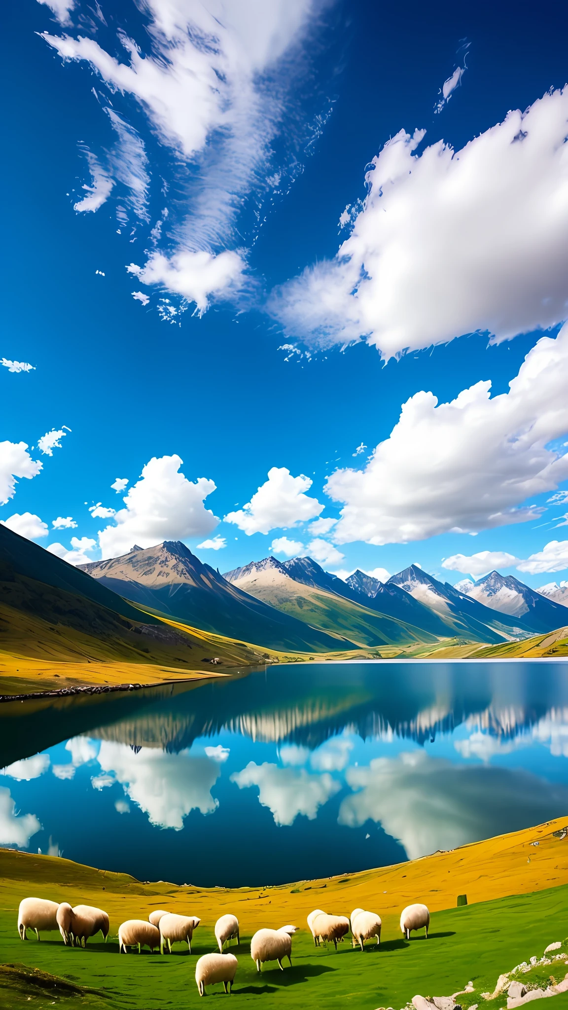 There are many sheep grazing in the meadows by the lake, Extraordinary colorful landscape, a lake between mountains, Mountains and lakes, Vivid landscape, epic beautiful landscape, Majestic nature, Beautiful lake, breathtaking colors, mountain lake, Scenic Colorful Environment, majestic landscape, breathtaking landscape, beatiful mountain background, beautiful serene landscape, scenic landscape, lakeside mountains