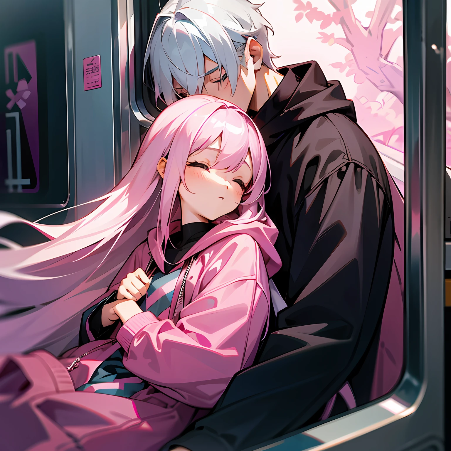 Beautiful long pink-haired girl napping on the shoulder of a boy with silver hair, Boy wearing black hoodies looking at the girl, girl wearing pink hoodies, aboard a train, two passengers, best quality, masterpiece, Model: Checkpoints_AnythingDarkNeg100