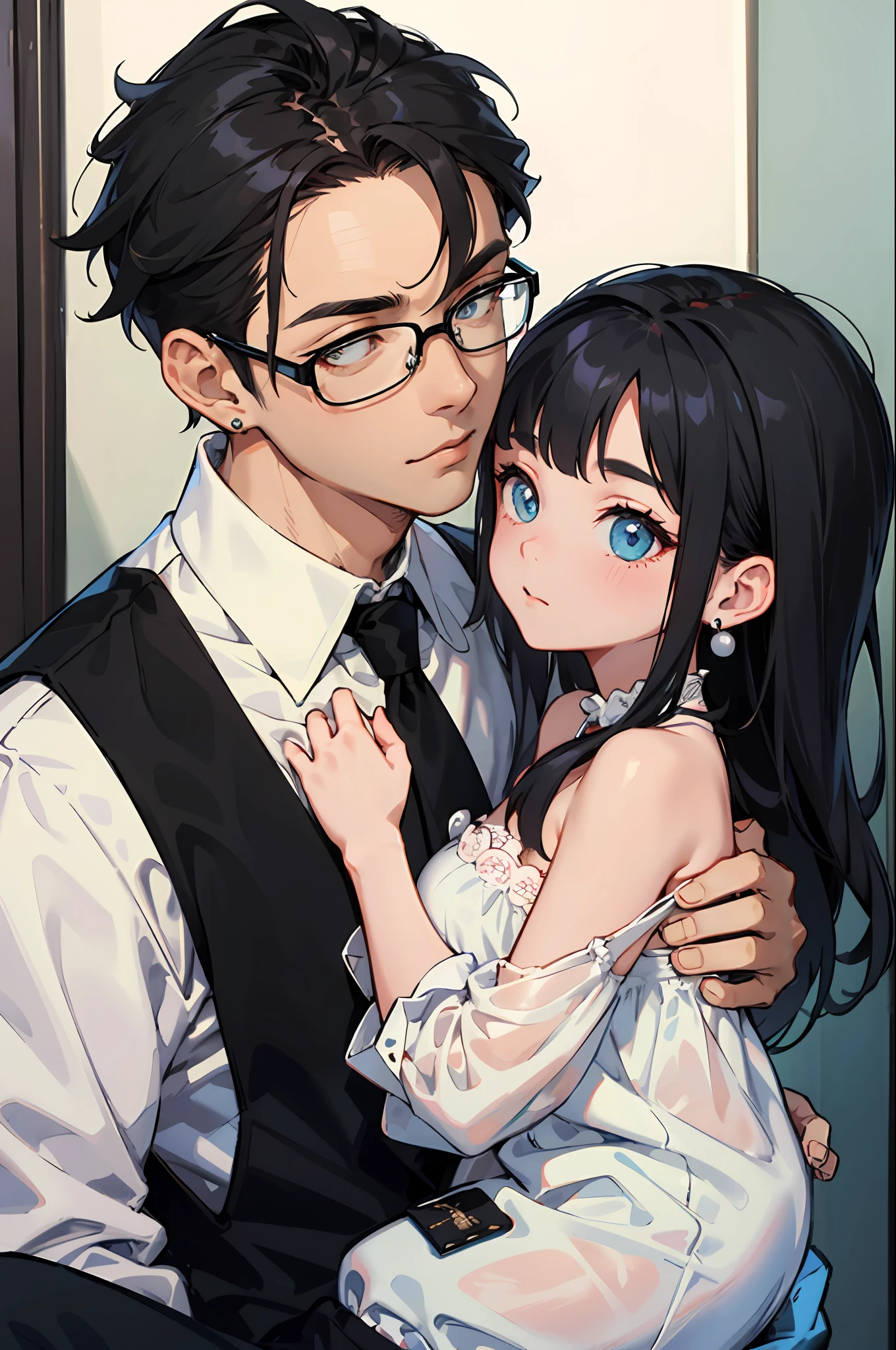 tmasterpiece,best qualityer,1 male,AS-Adult,handsome,with short black hair,The shirt,wears glasses,a 1 woman,AS-Adult,big breasts beautiful,Black shoulder-length hair,Pearl earrings,Hold a toddler,complexdetails